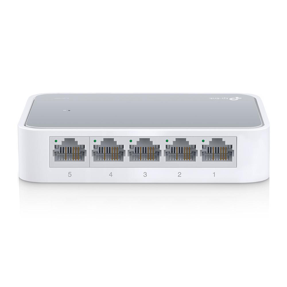 Ein weißer TP-Link Netzwerk-Switch mit fünf Ethernet-Anschlüssen, nummeriert von 1 bis 5, auf einer weißen Fläche.