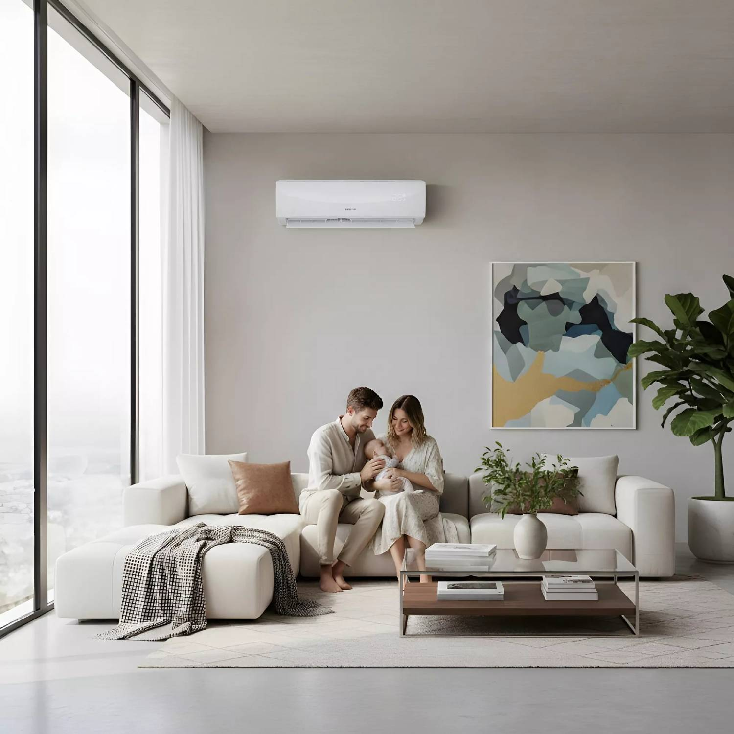 Una familia con un bebé sentada en un sofá blanco en una sala moderna con un aire acondicionado en la pared.
