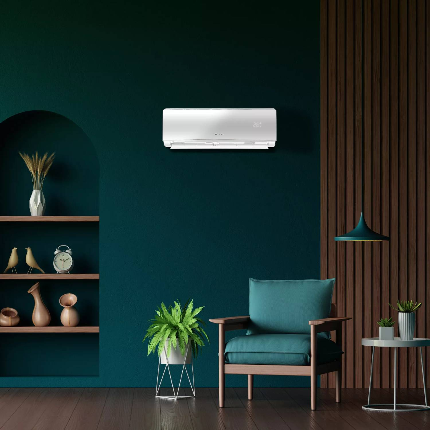 Salón con suelo de madera oscura, paredes verde azulado, acentos de madera, aire acondicionado blanco y sillón.