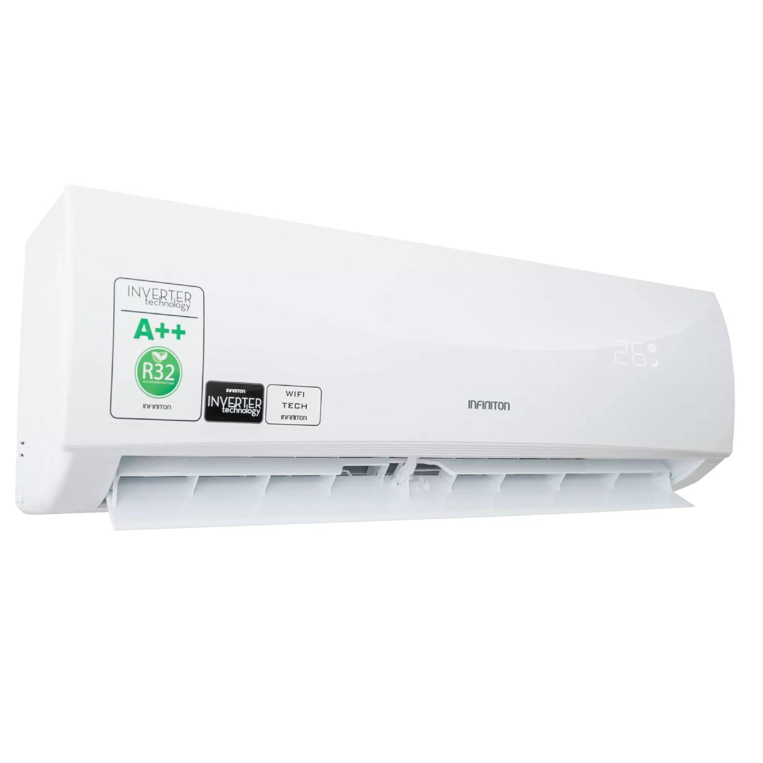 Un aire acondicionado inverter blanco con eficiencia energética A++ y pantalla digital en la pared.