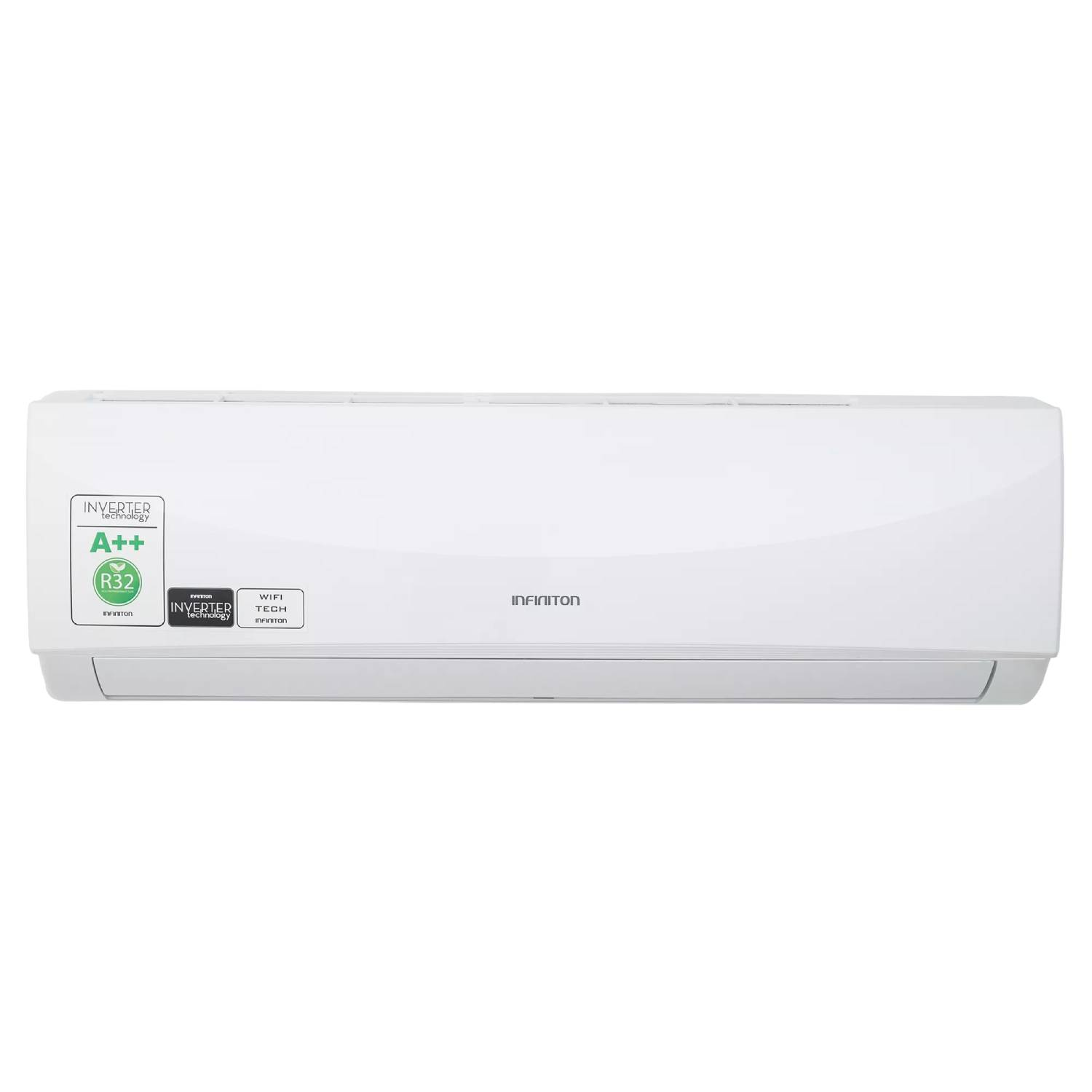 Aire acondicionado blanco Infiniton con clase de eficiencia energética A++ sobre fondo blanco.