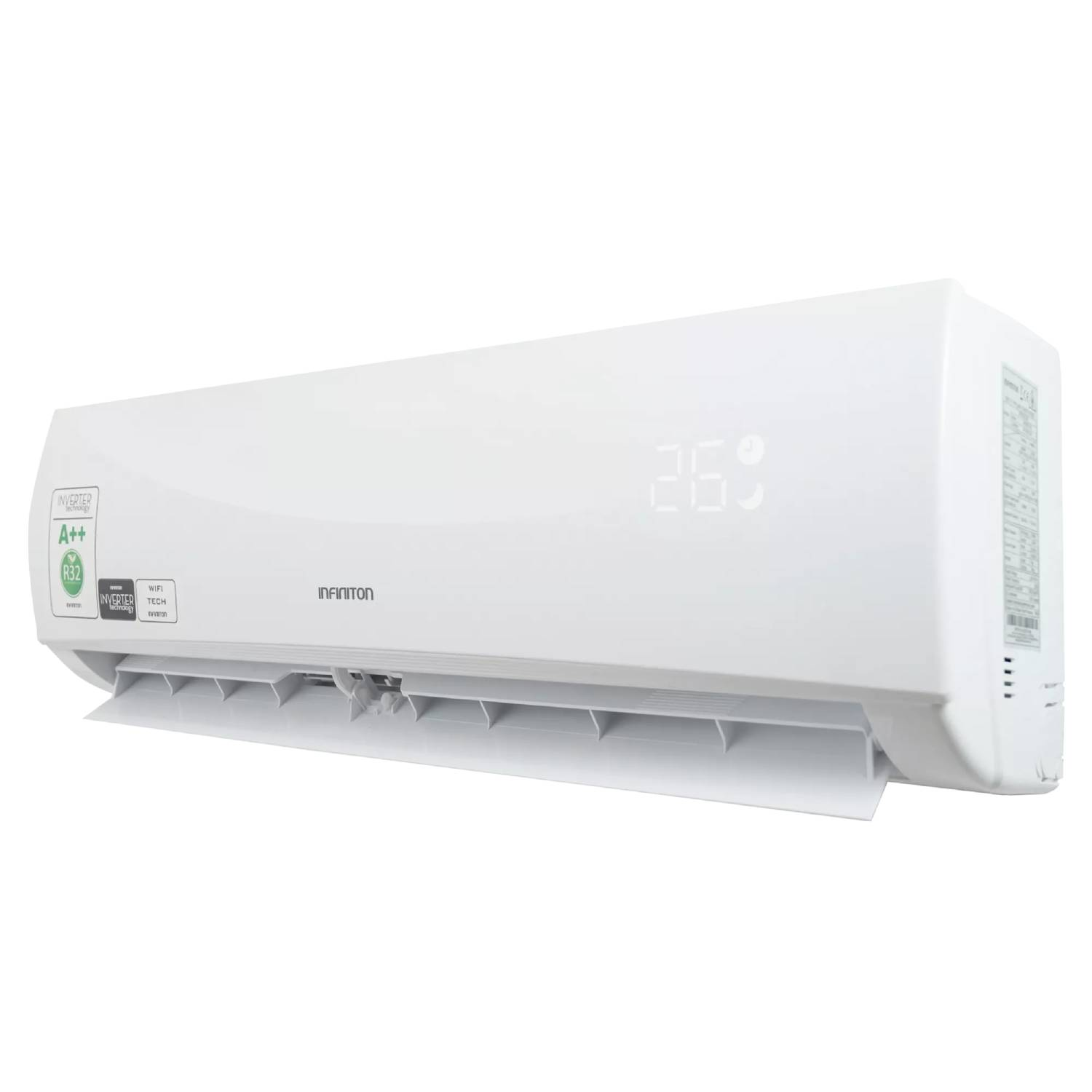 Unidad de aire acondicionado Infiniton blanca con pantalla digital en el frente.