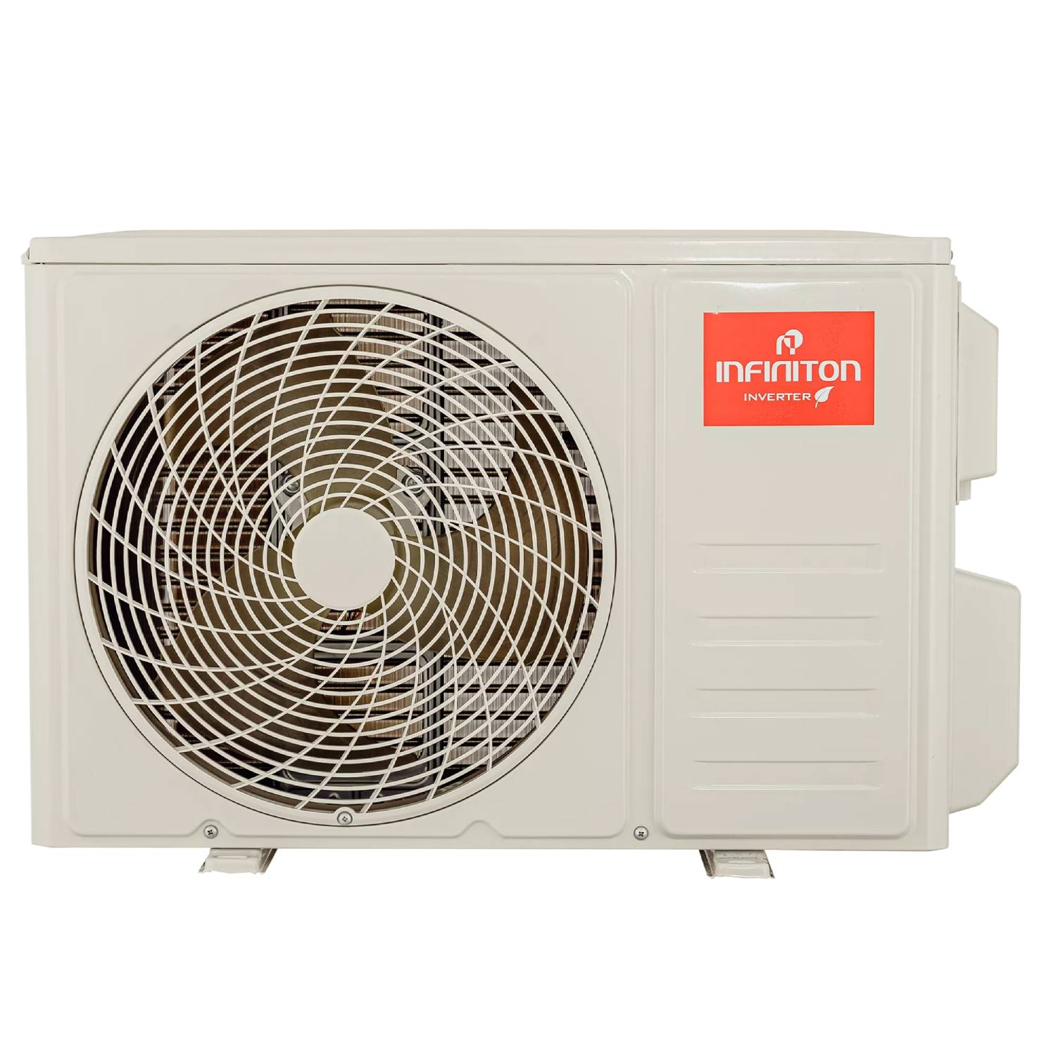 Unidad de aire acondicionado inverter Infiniton blanca con gran rejilla de ventilación sobre fondo blanco.