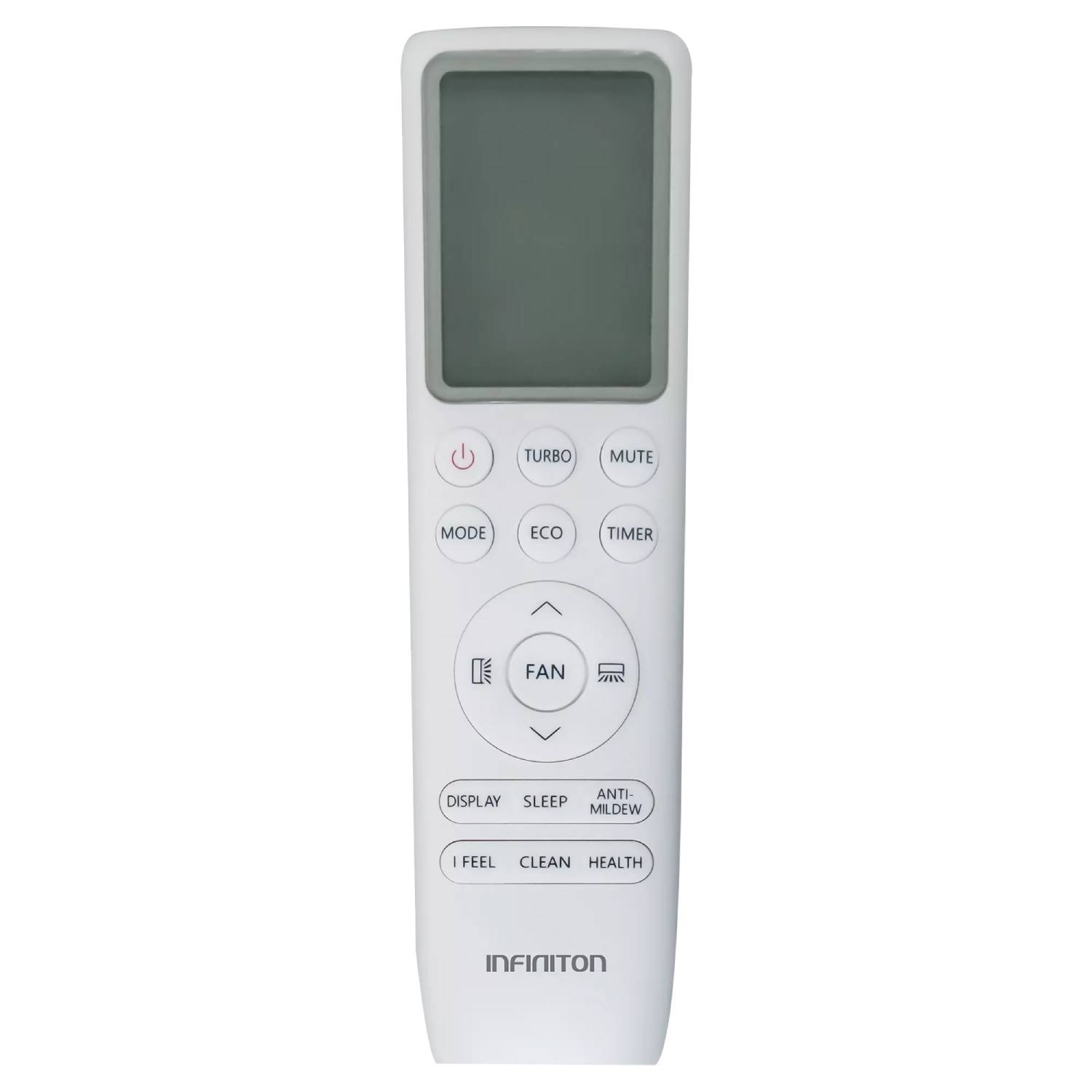 Un mando a distancia blanco para aire acondicionado Infiniton con pantalla digital y botones etiquetados.
