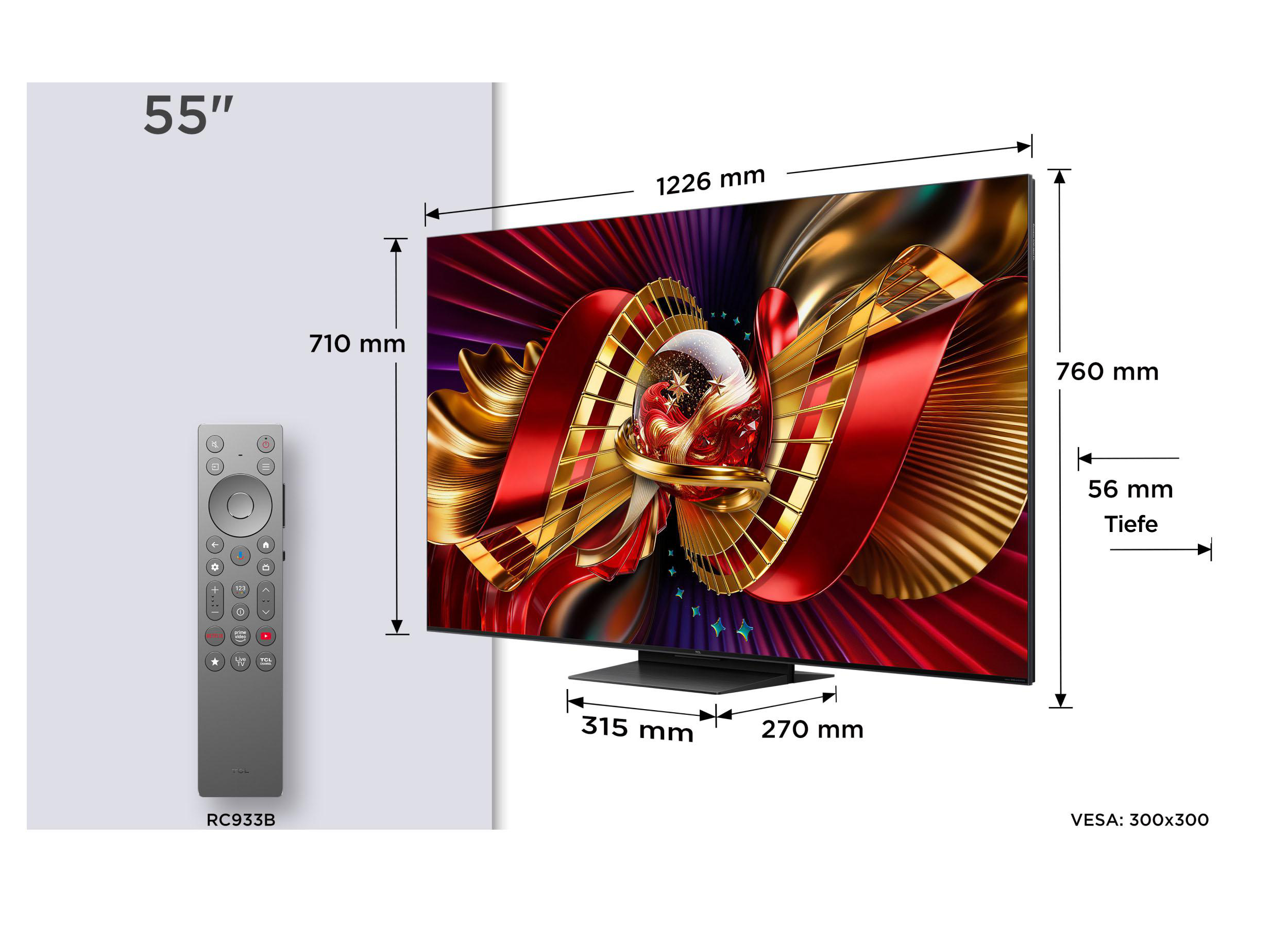 Diagramm eines 55-Zoll-Fernsehers mit Maßen, RC933B-Fernbedienung und VESA-Größe.