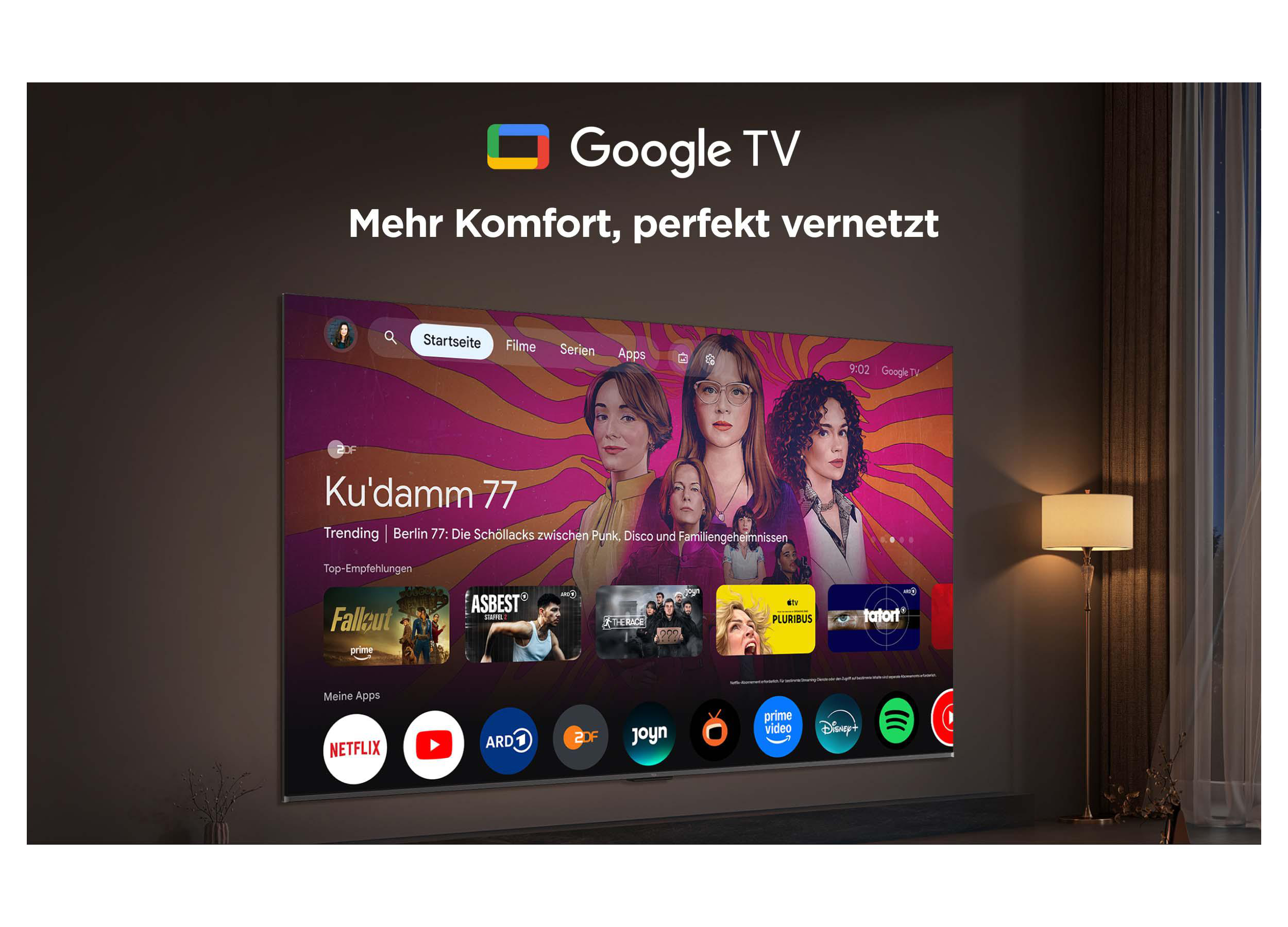 Google TV-Bildschirm zeigt die Startseite mit Ku'damm 77 und verschiedenen Streaming-App-Symbolen.