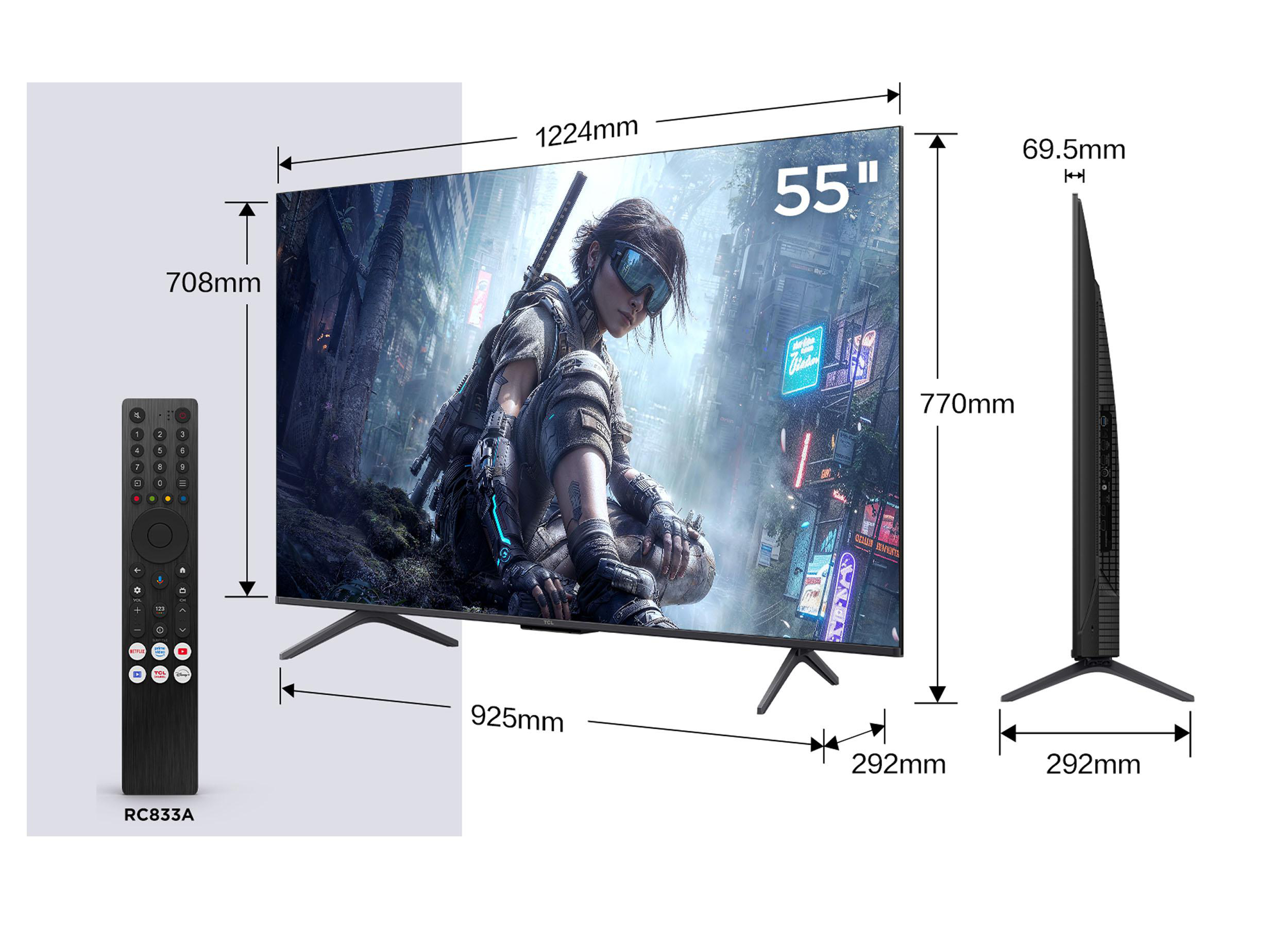 Diagramm zeigt die Abmessungen eines 55-Zoll-Fernsehers, einschließlich Front-, Seitenansicht und Fernbedienung.