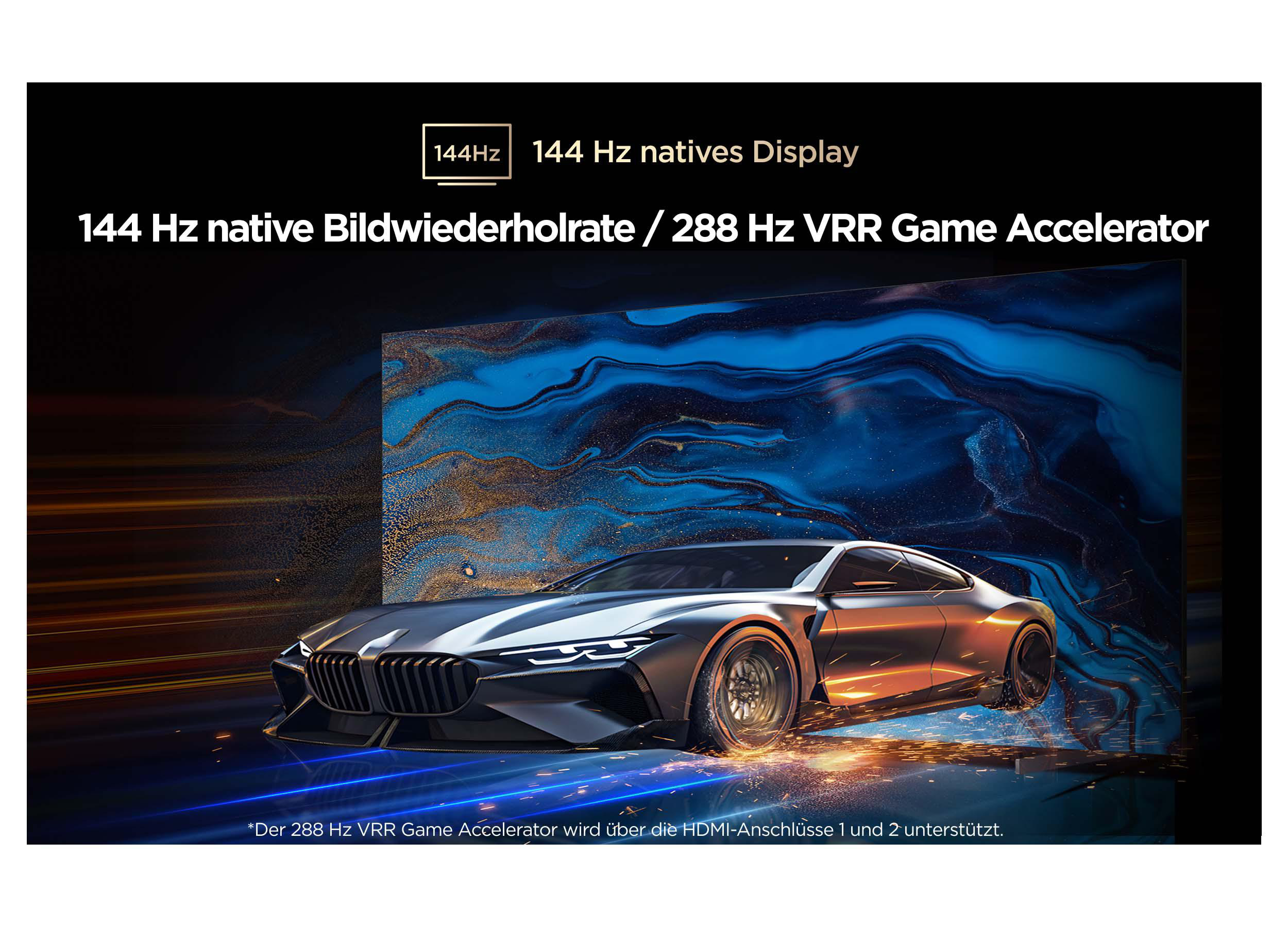 Ein silberner Sportwagen auf einer Rennstrecke, umgeben von Texten über 144 Hz und 288 Hz.