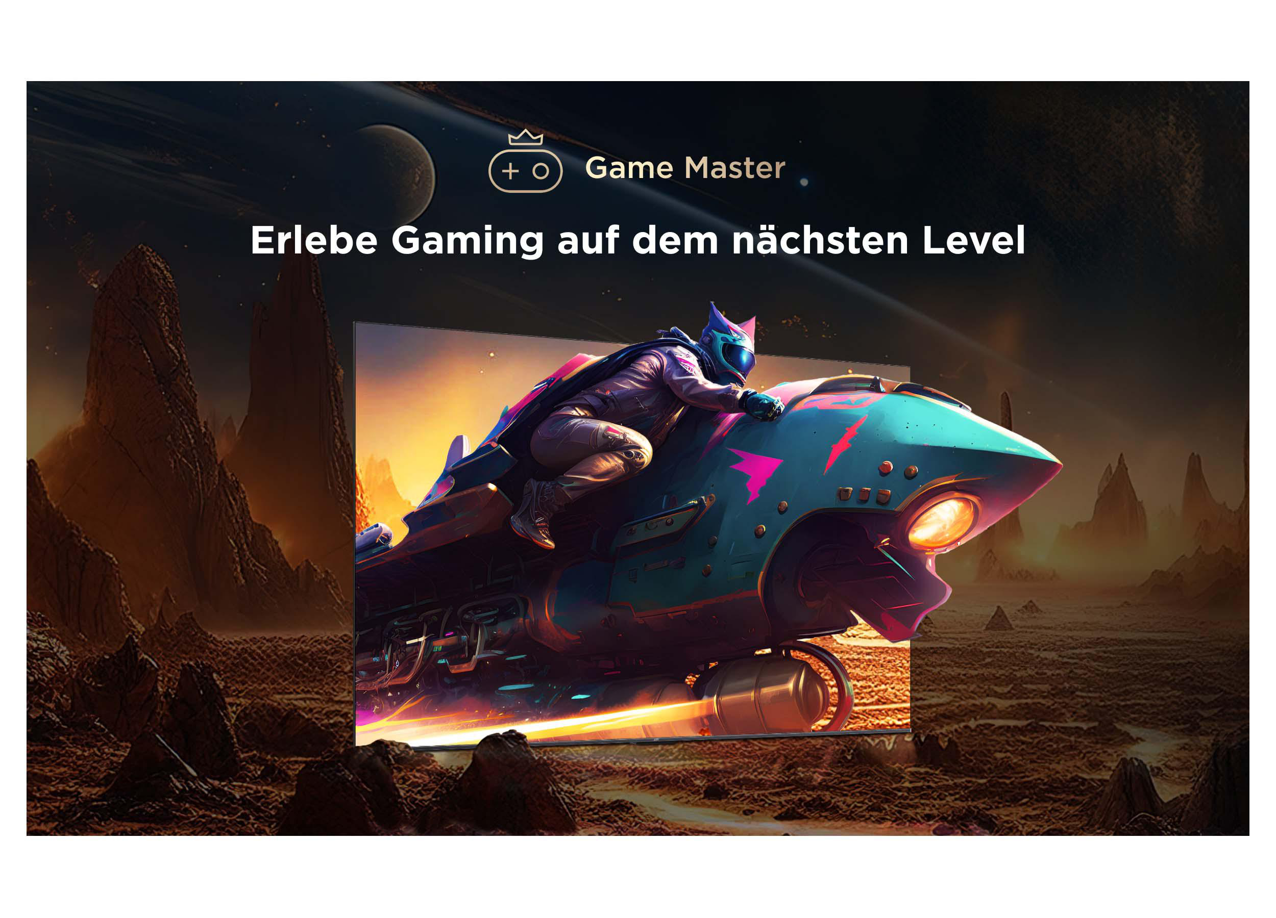 Ein TV zeigt eine Sci-Fi-Szene mit einem Charakter auf einem futuristischen Gefährt in einer kargen Landschaft.