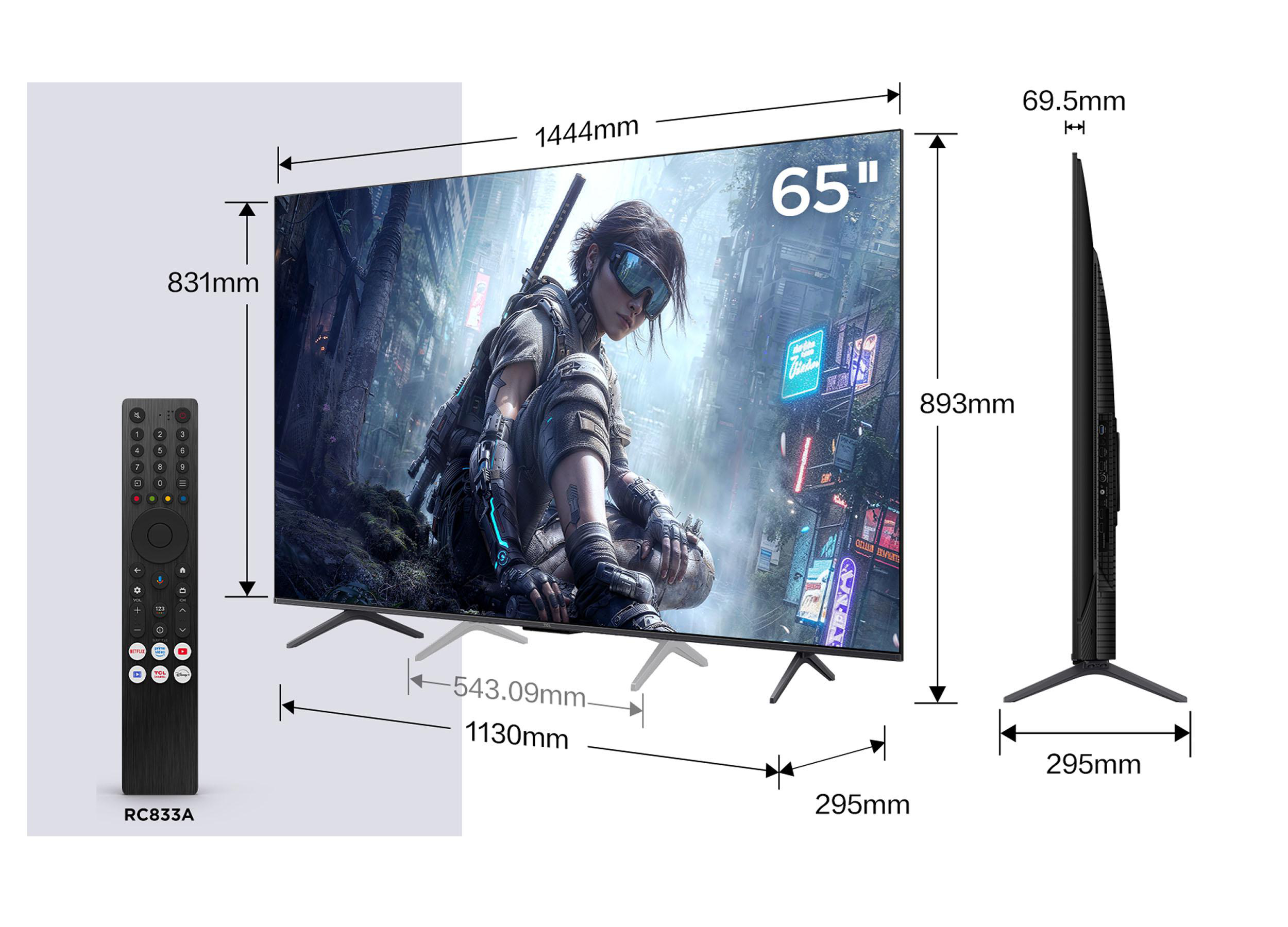 Ein 65-Zoll-Fernseher mit Cyberpunk-Bild, Maßen, Seitenprofil und Fernbedienung.