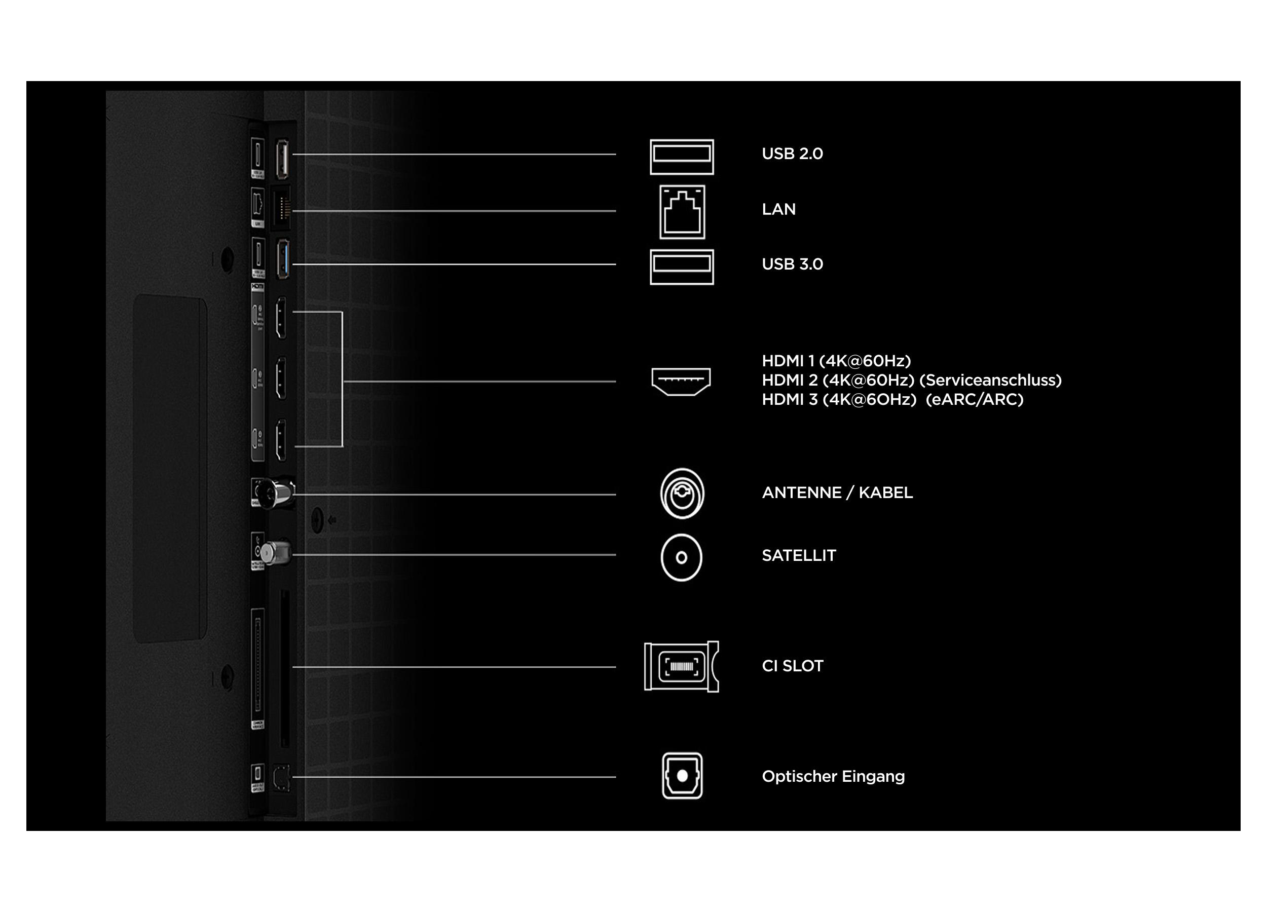 Diagramm zeigt die Anschlüsse eines Fernsehers, darunter USB, LAN, HDMI, Antenne und optischer Eingang.