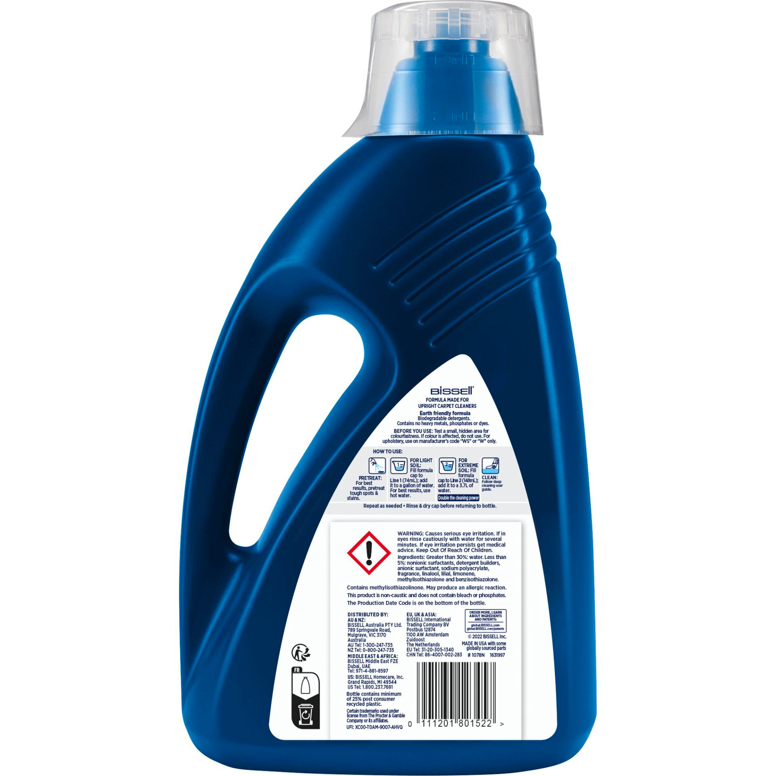 Blaue Bissell Teppichreinigerflasche mit durchsichtigem Deckel und weißem Etikett.