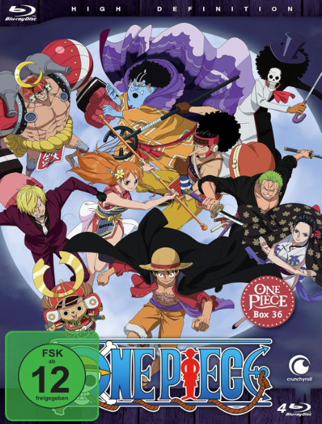 Anime-Cover von One Piece Box 36 mit Strohhut-Piraten vor blauem Hintergrund.