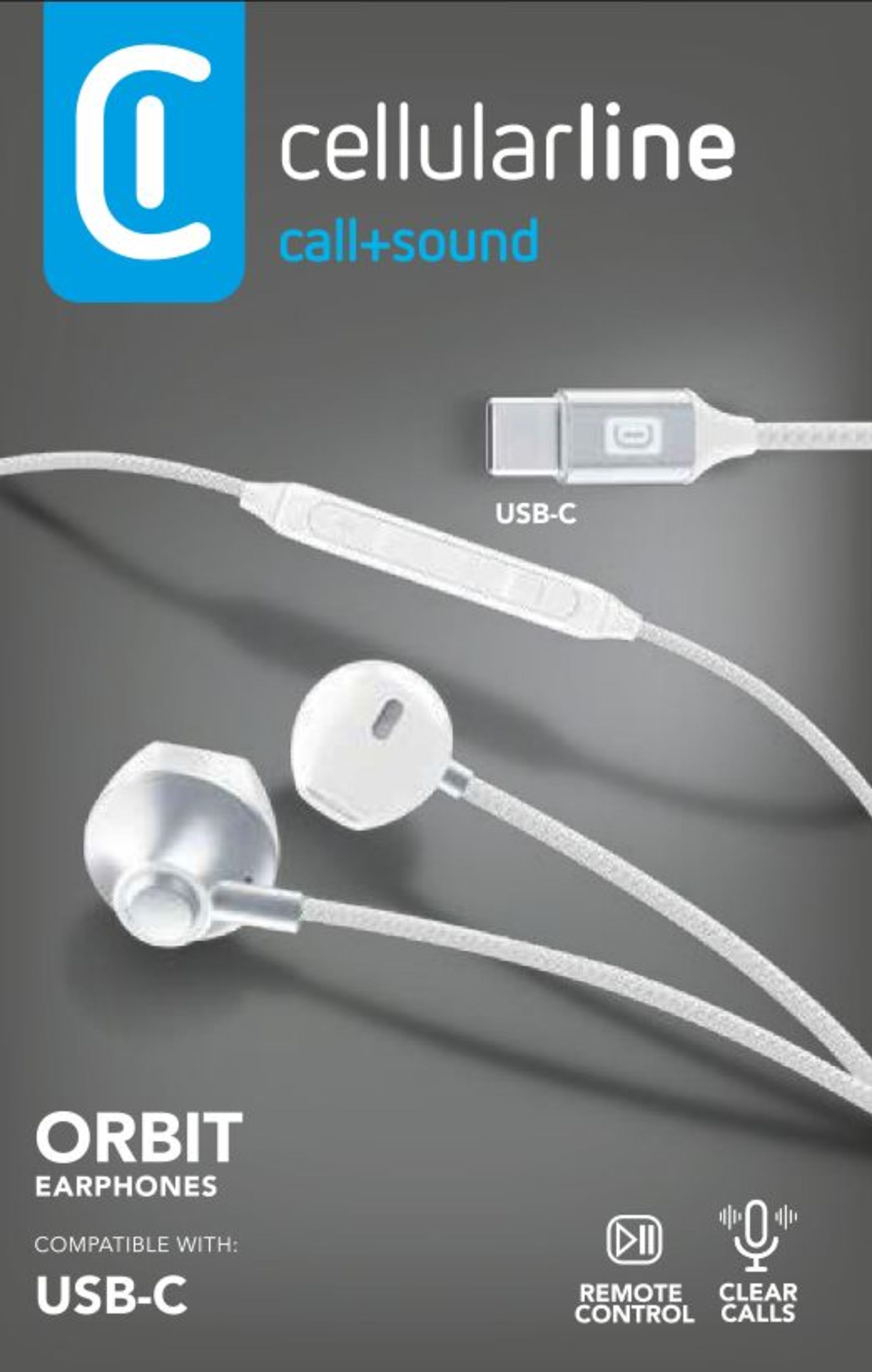 Uzaktan kumandalı beyaz Cellularline Orbit USB-C kulaklık.