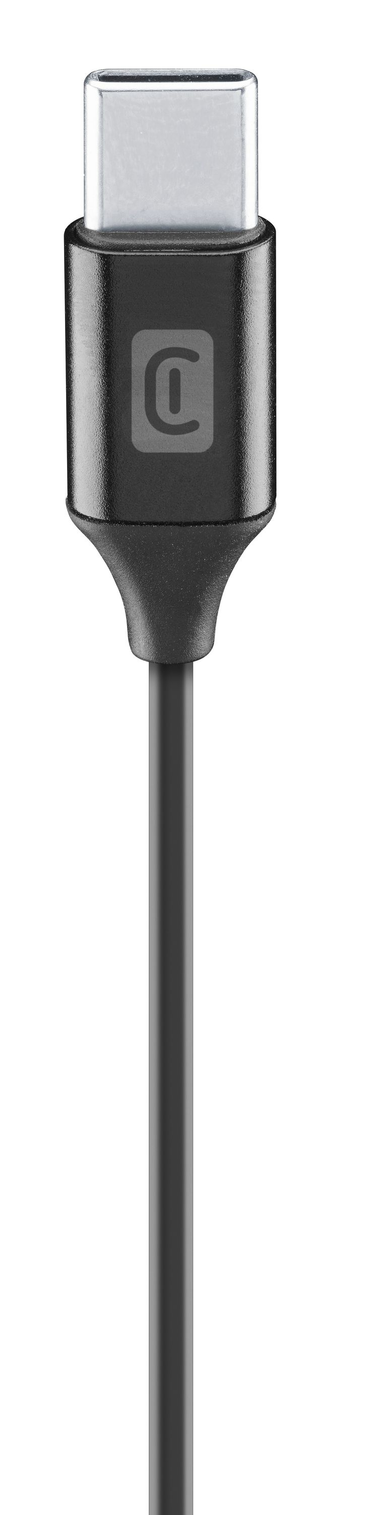 Beyaz arka planda metal konnektörlü ve kasasında C logosu bulunan siyah bir USB-C kablosu.