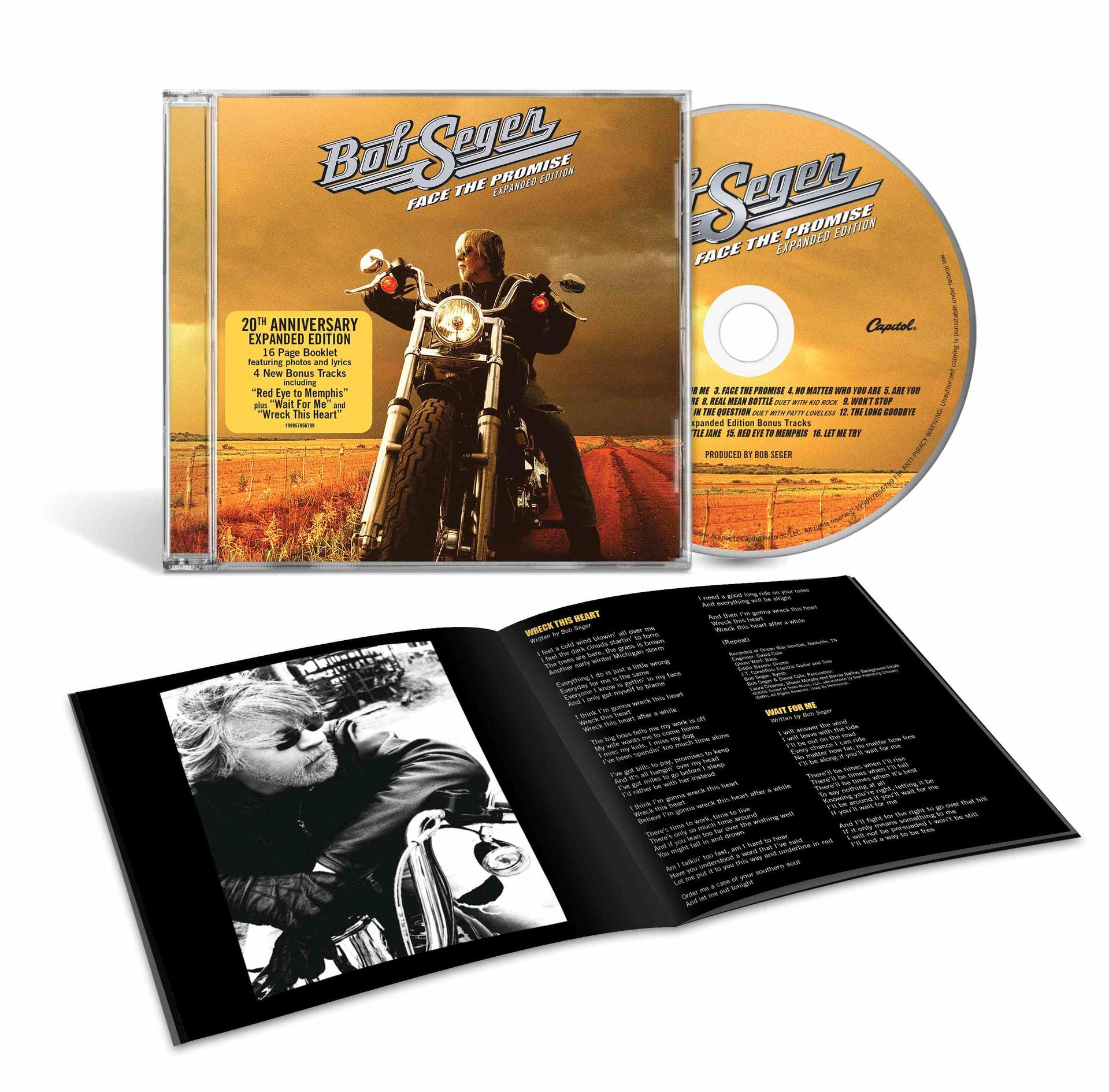 Bob Seger CD Face the Promise mit offener Hülle, CD und Booklet auf Holztisch.