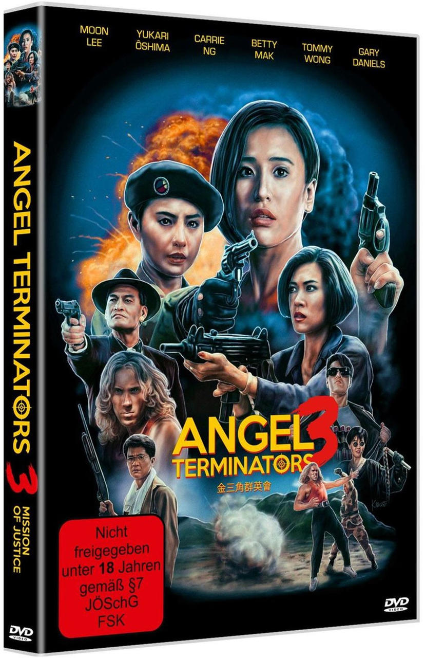 DVD-Cover von Angel Terminators 3 mit bewaffneten Darstellern und Explosionen im Hintergrund.