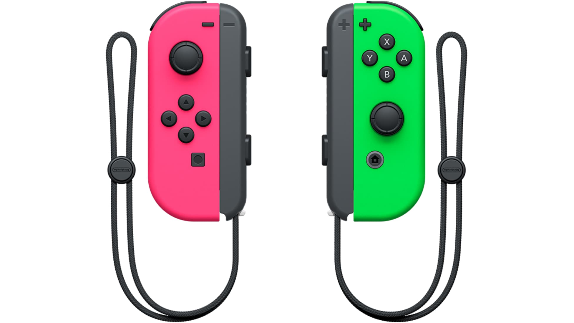 Un controller Nintendo Switch Joy-Con rosa e uno verde con cinturini da polso neri.
