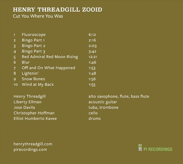 Rückseite des Musikalbums Cut You Where You Was von Henry Threadgill Zooid auf olivgrünem Hintergrund.