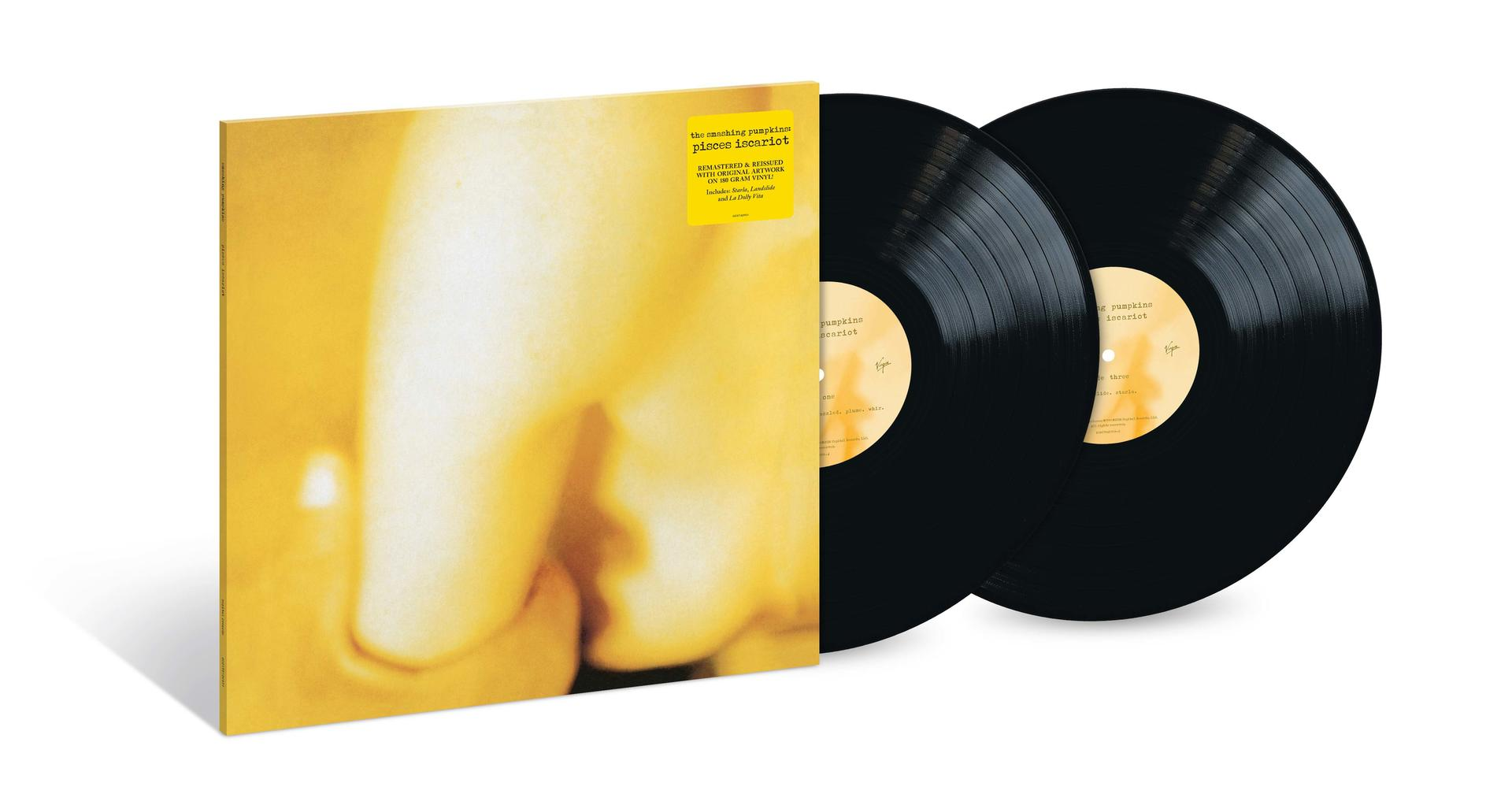 Das gelbe Albumcover von The Smashing Pumpkins für Pisces Iscariot mit zwei schwarzen Vinyl-Schallplatten.