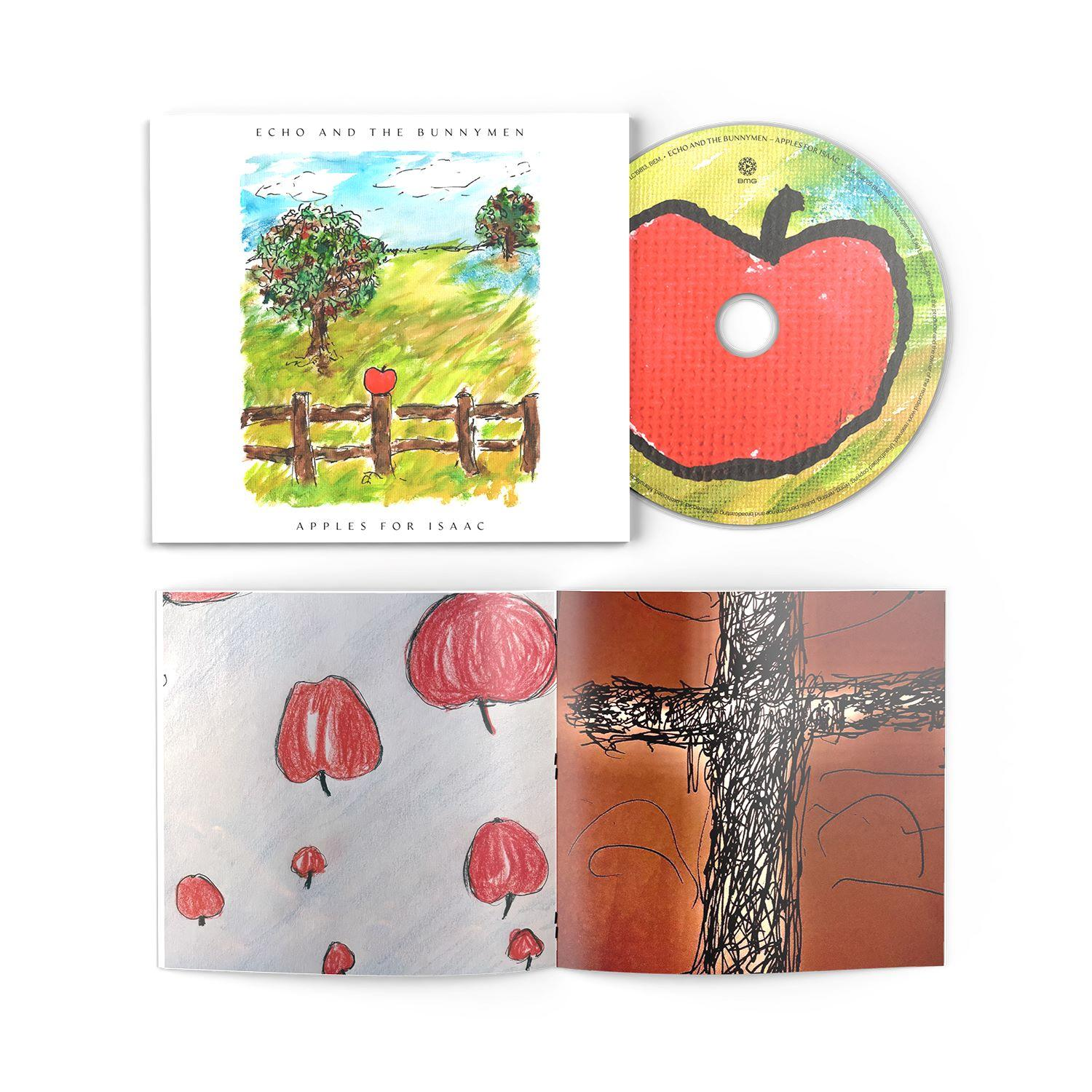 CD-Cover und Booklet von Echo and the Bunnymen mit Zeichnungen von roten Äpfeln in einer Landschaft.