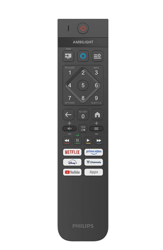 Dunkelgraue Philips Fernbedienung mit Ziffern, Navigation und Streaming-Tasten.