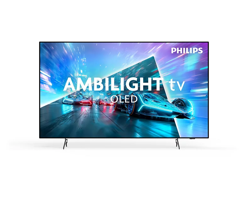 Philips Ambilight OLED-Fernseher zeigt ein farbenfrohes Rennspiel mit blauen und roten Autos auf einem Bildschirm.