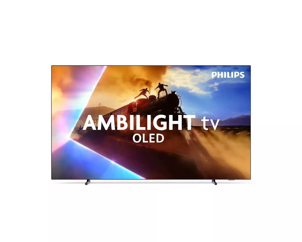 Telewizor Philips Ambilight OLED wyświetla scenę filmową z pociągiem.