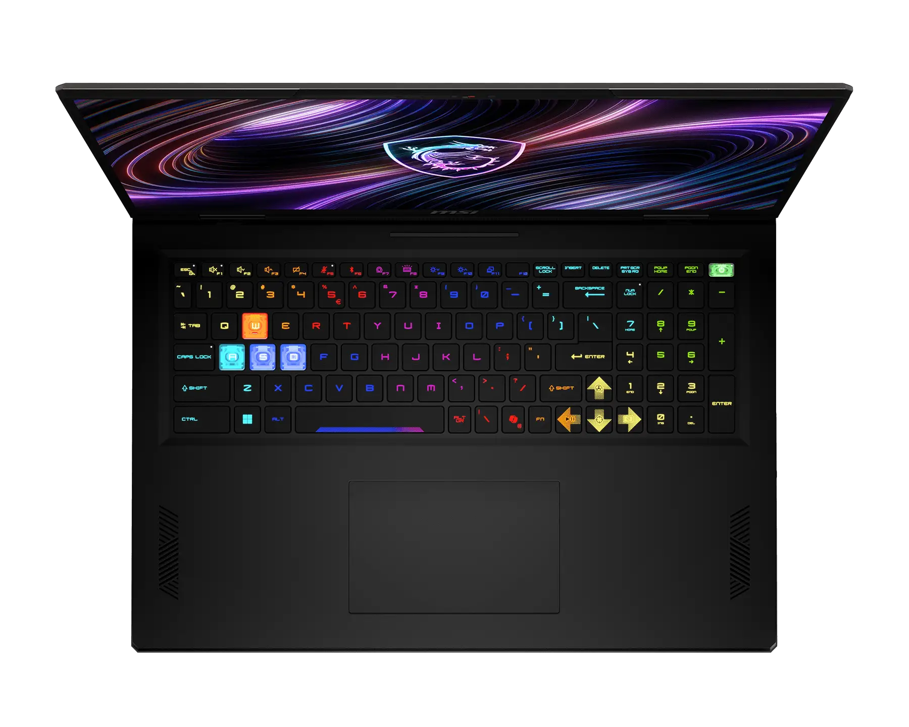 Top-Ansicht eines schwarzen Laptops mit beleuchteter Tastatur und farbigem Bildschirm.
