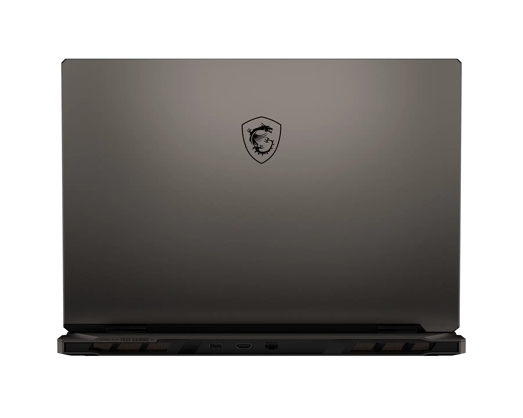 Grauer MSI-Laptop mit Drachenlogo auf dem geschlossenen Deckel vor schwarzem Hintergrund.