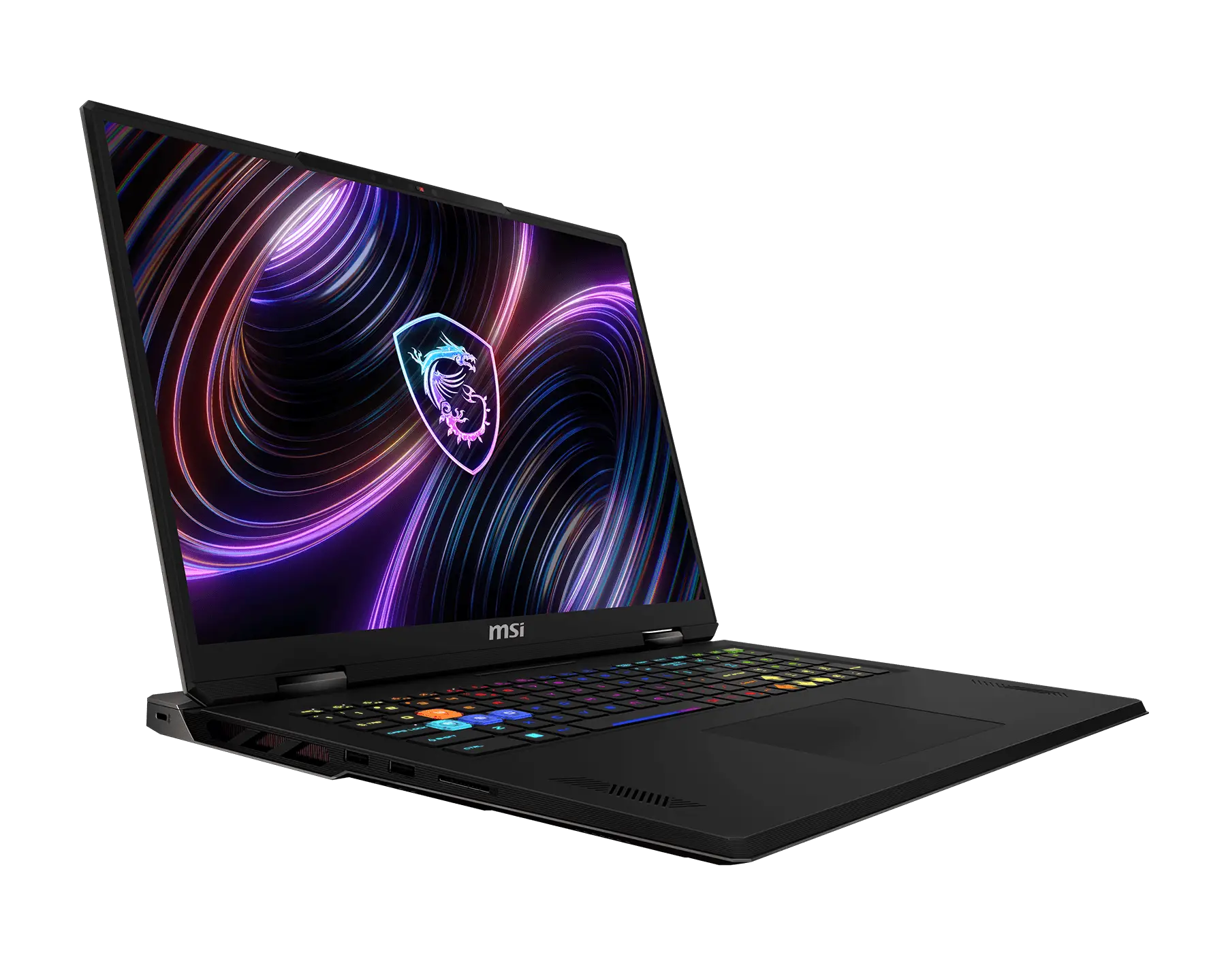 Ein schwarzer MSI Gaming-Laptop mit bunter Tastaturbeleuchtung und stylischem Bildschirmhintergrund vor schwarzem Hintergrund.