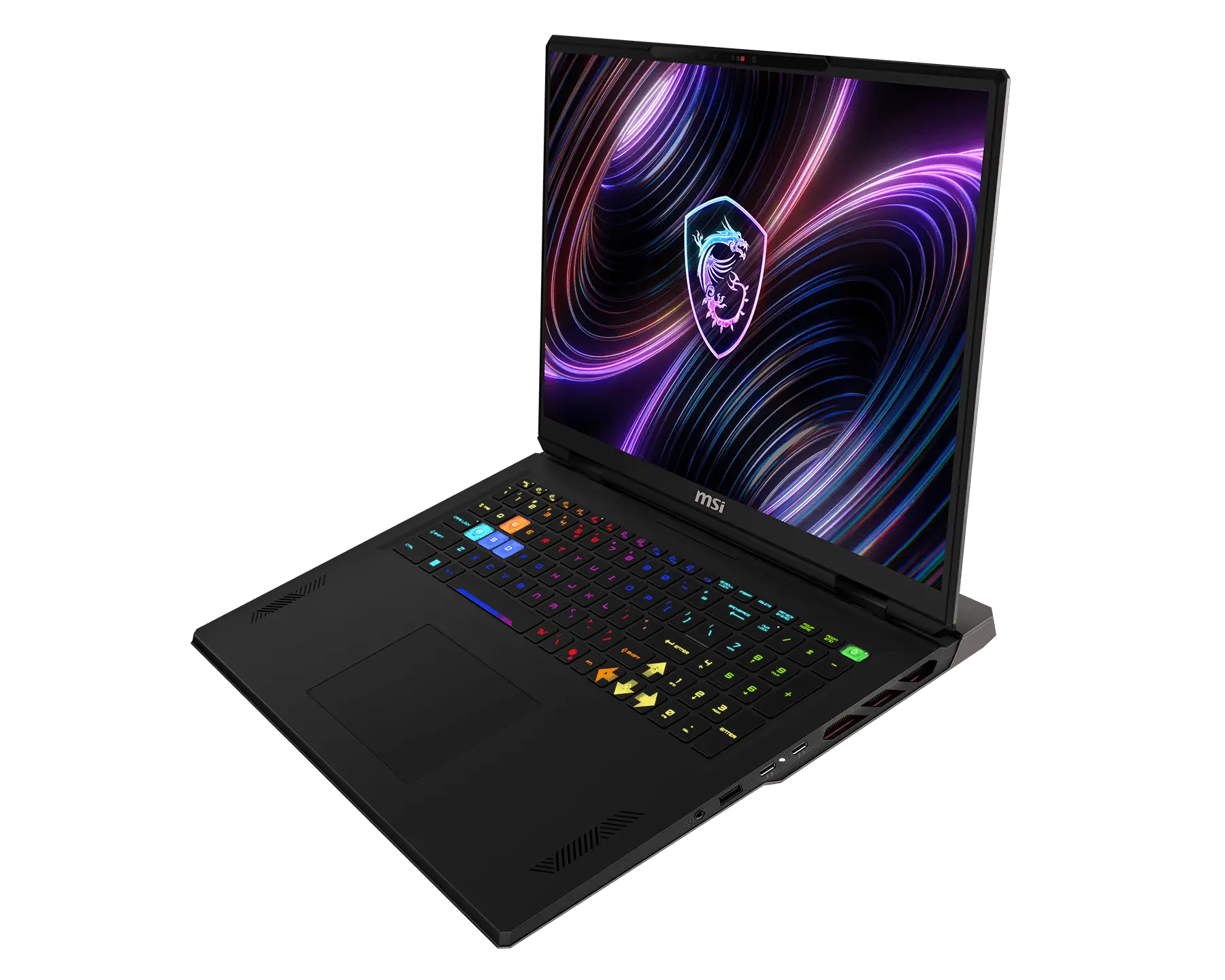 Ein schwarzer Gaming-Laptop mit bunter RGB-Hintergrundbeleuchtung und abstraktem violetten Bildschirmhintergrund.