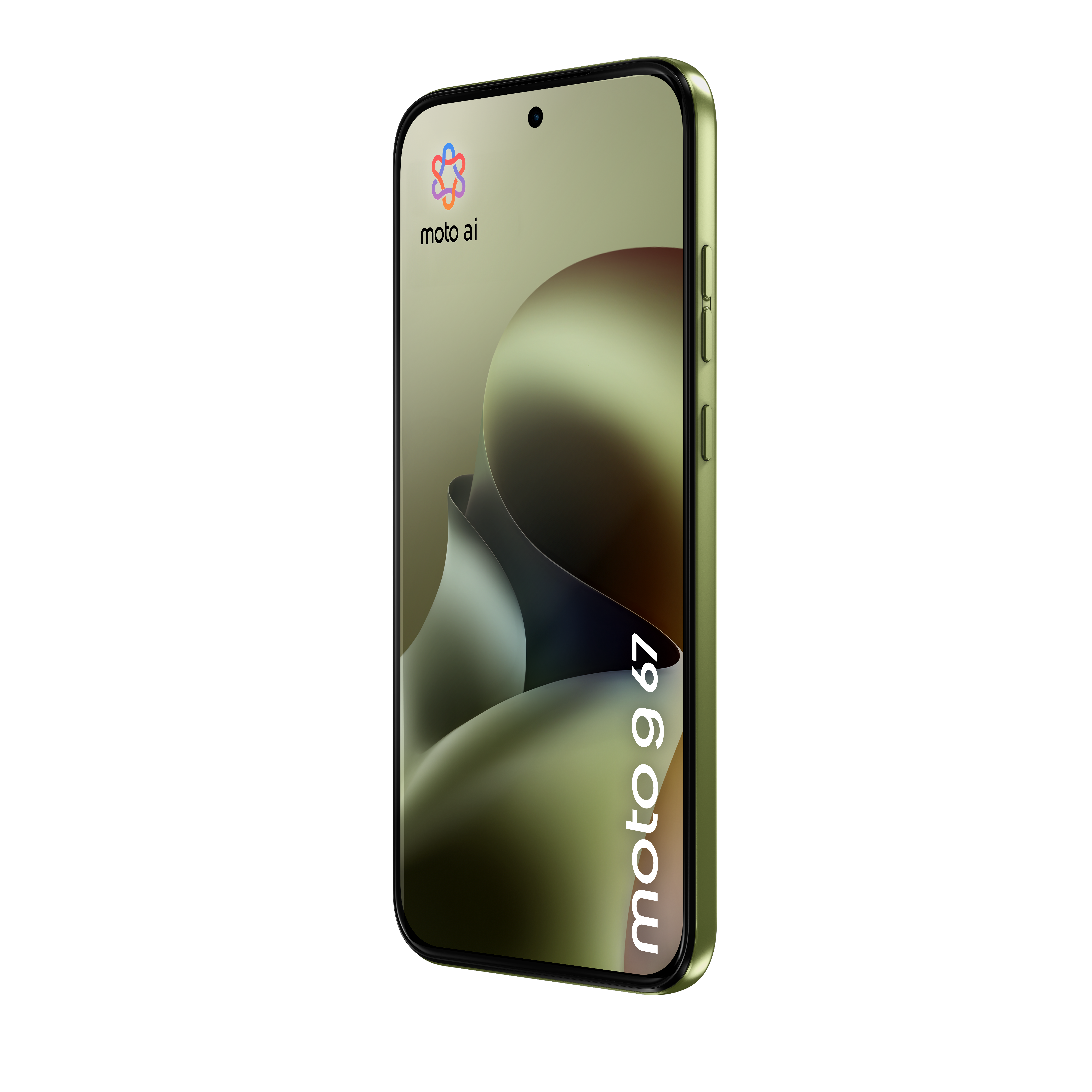 Ein grünes Moto g 67 Smartphone mit Moto ai Logo und geschwungenem Hintergrund.