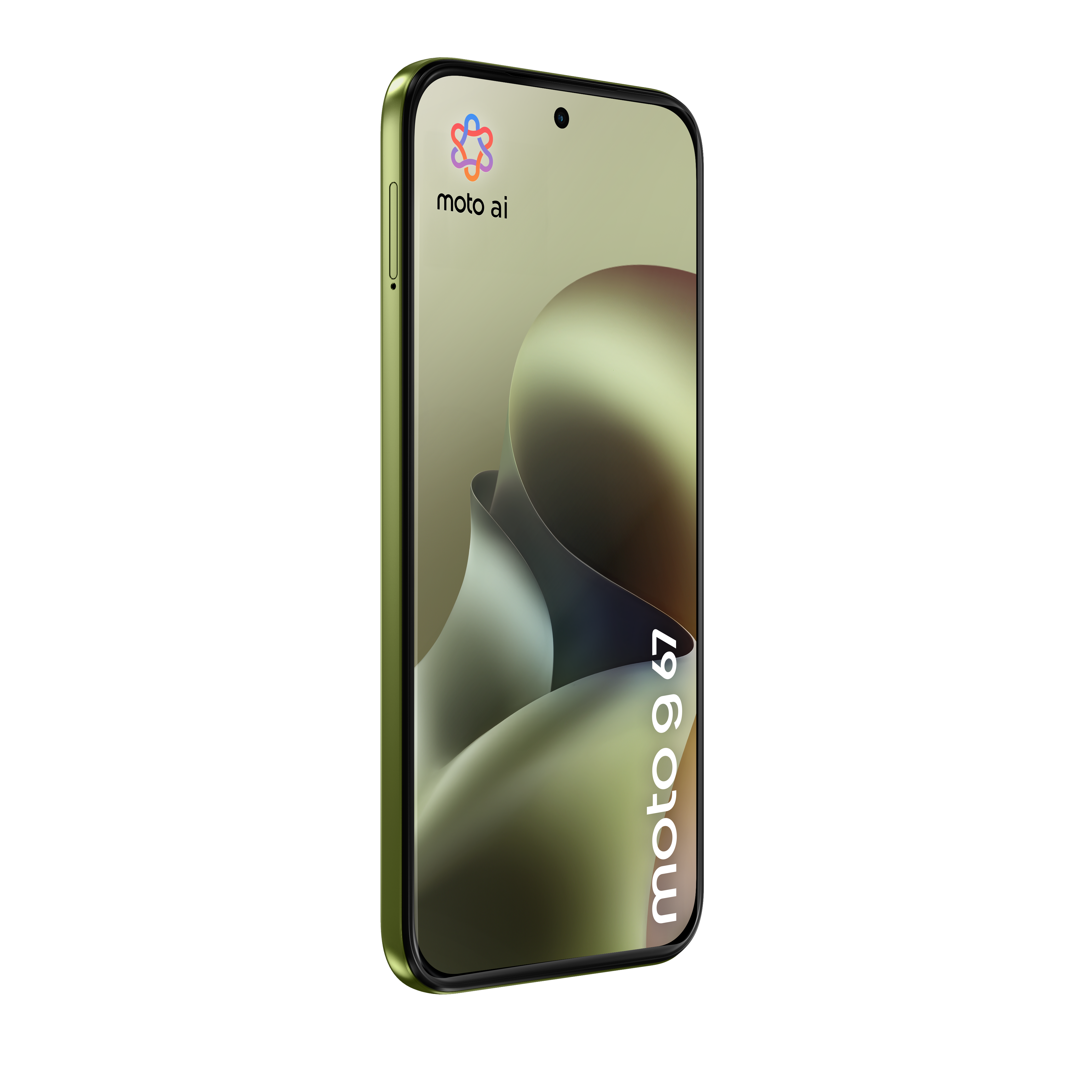 Ein grünes Moto G67 Smartphone steht aufrecht vor weißem Hintergrund und zeigt das moto ai Logo auf dem Bildschirm.