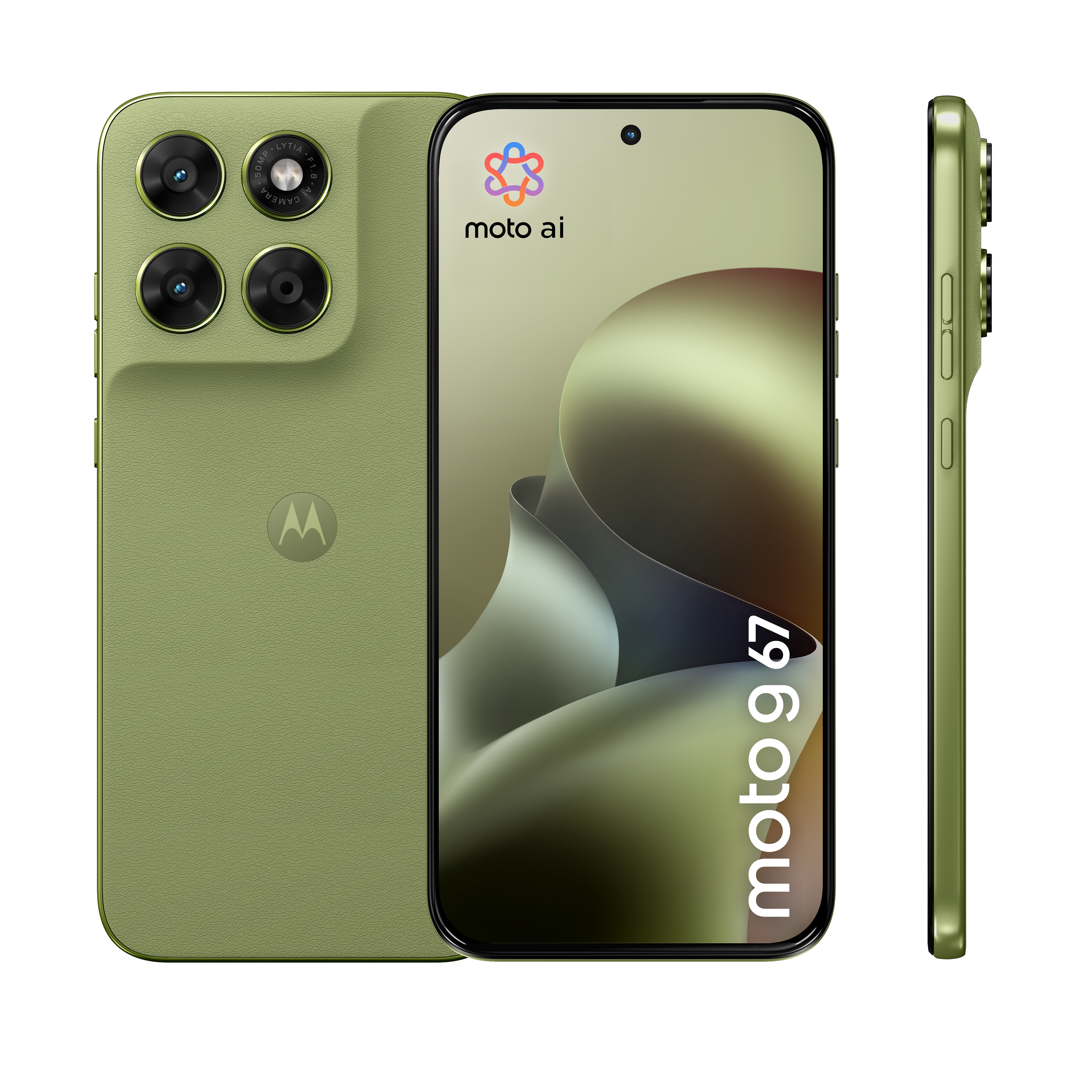 Drei Ansichten eines grünen Motorola-Smartphones mit Vierfachkamera hinten, Frontdisplay und Seitenprofil.