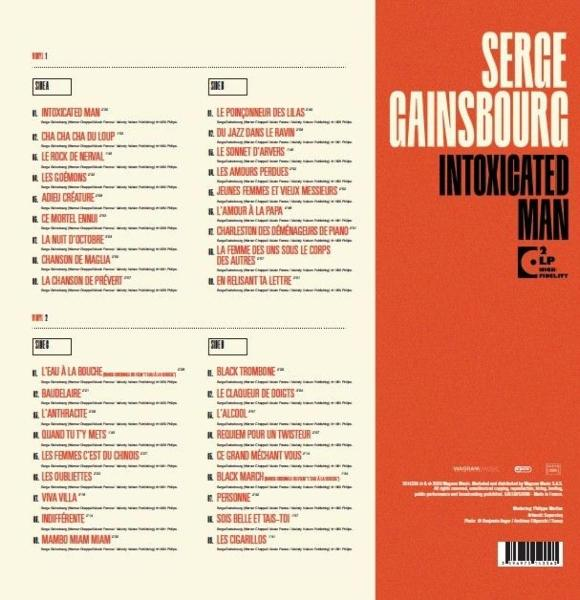 Rückseite des Albumcovers von Serge Gainsbourg, Intoxicated Man, mit Tracklists auf hellem Grund und Orangerand.