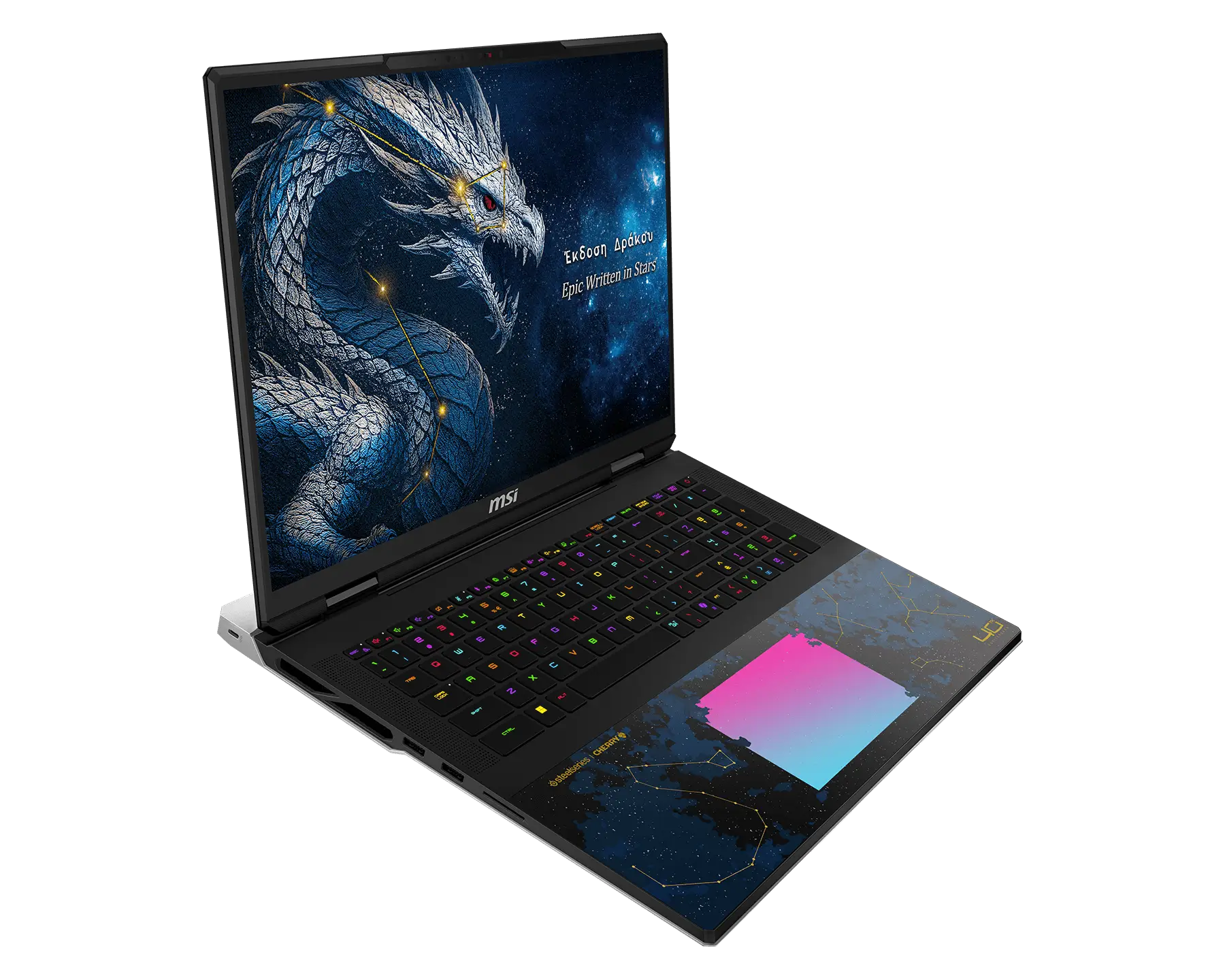 Ein schwarzer Gaming-Laptop mit Drachen-Hintergrundbild und buntem Trackpad vor dunklem Hintergrund.