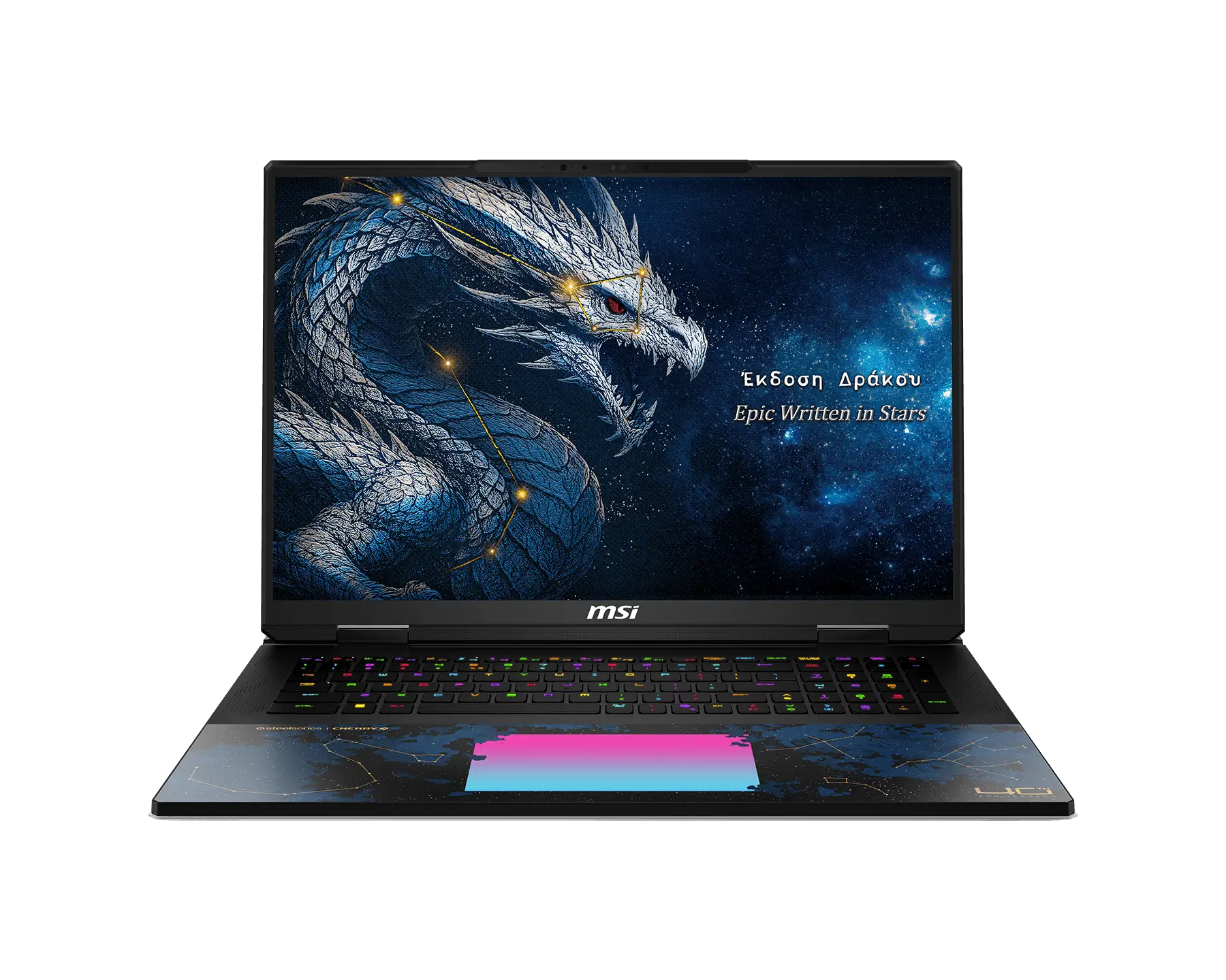 Ein offener MSI-Laptop mit blauem Drachen-Sternbild-Hintergrund und einem pink-blauen Trackpad.