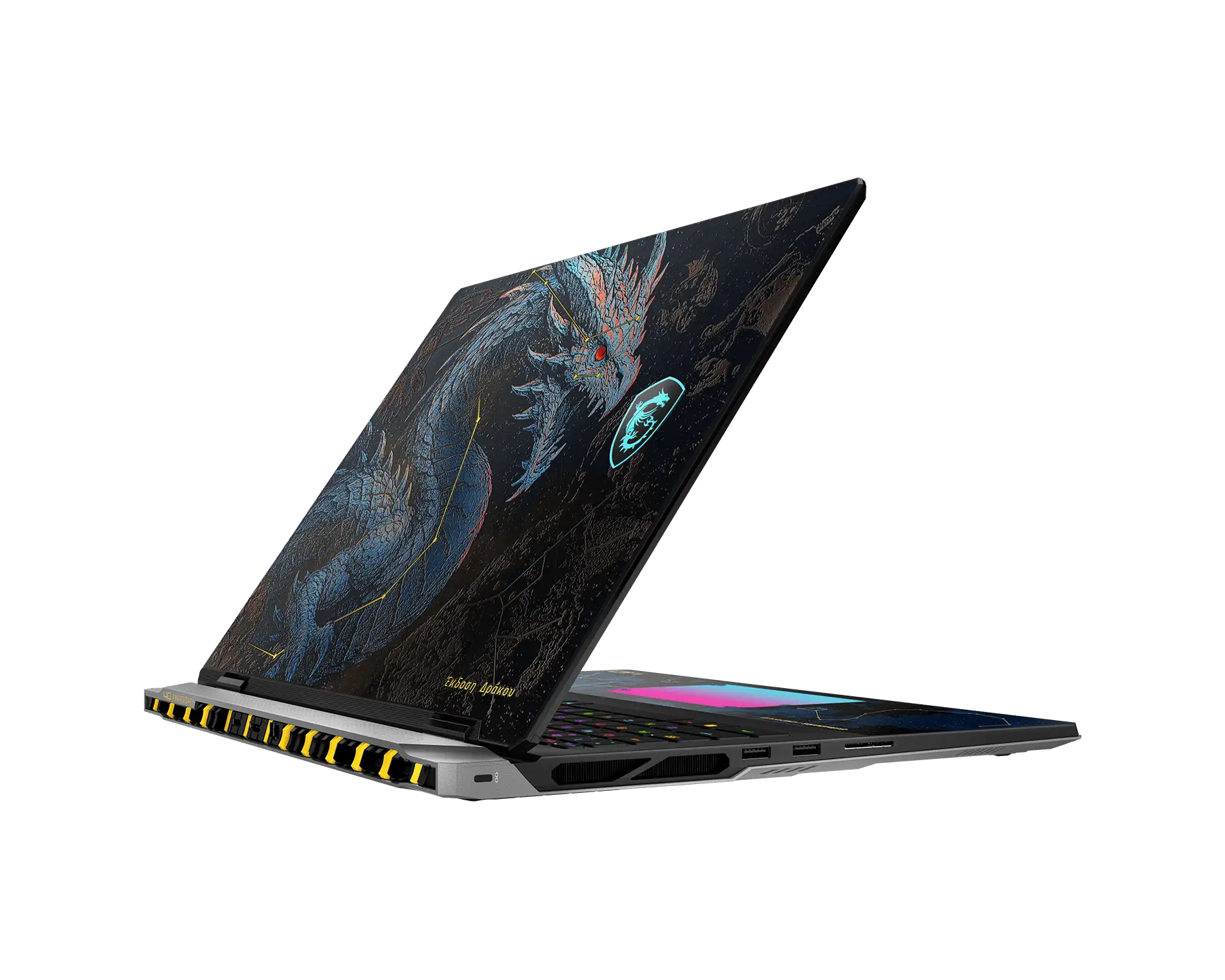 Ein Gaming-Laptop mit Drachenmotiv und farbigen Akzenten auf schwarzem Hintergrund.