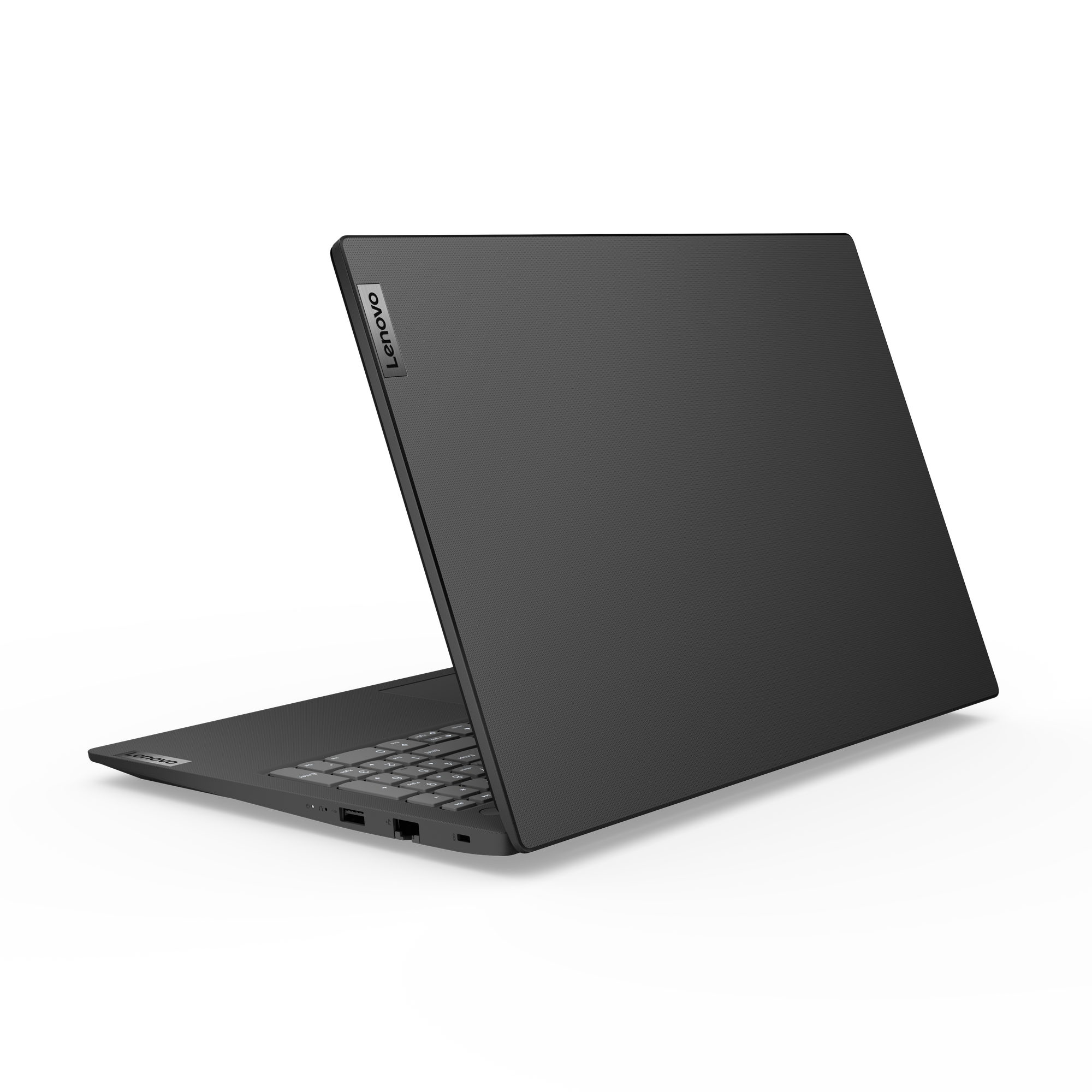 Ein grauer Lenovo-Laptop auf schwarzem Hintergrund, Ansicht von hinten rechts mit geschlossenem Display.