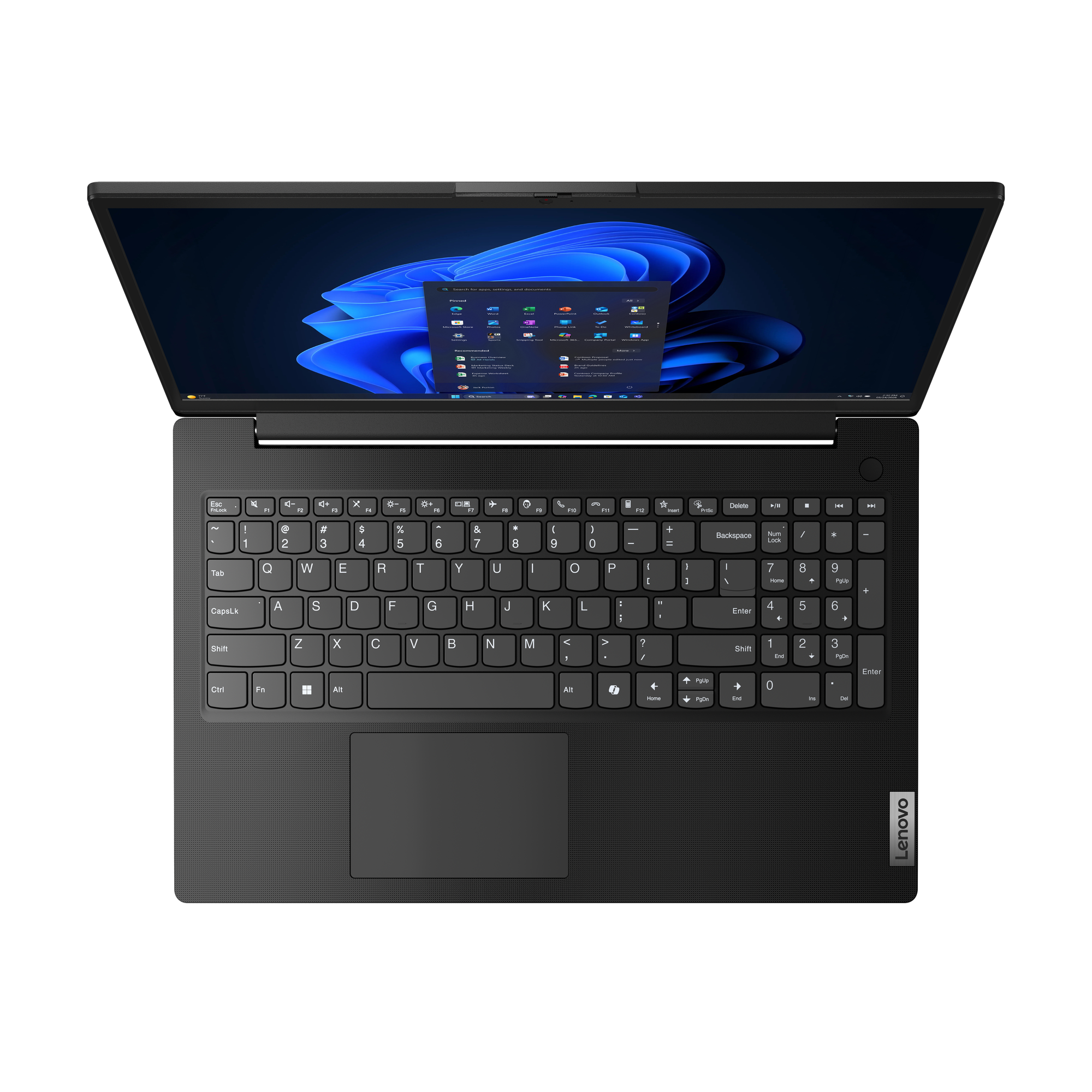 Ein offener schwarzer Lenovo-Laptop mit beleuchtetem blauen Bildschirm und integriertem Ziffernblock auf schwarzem Grund.