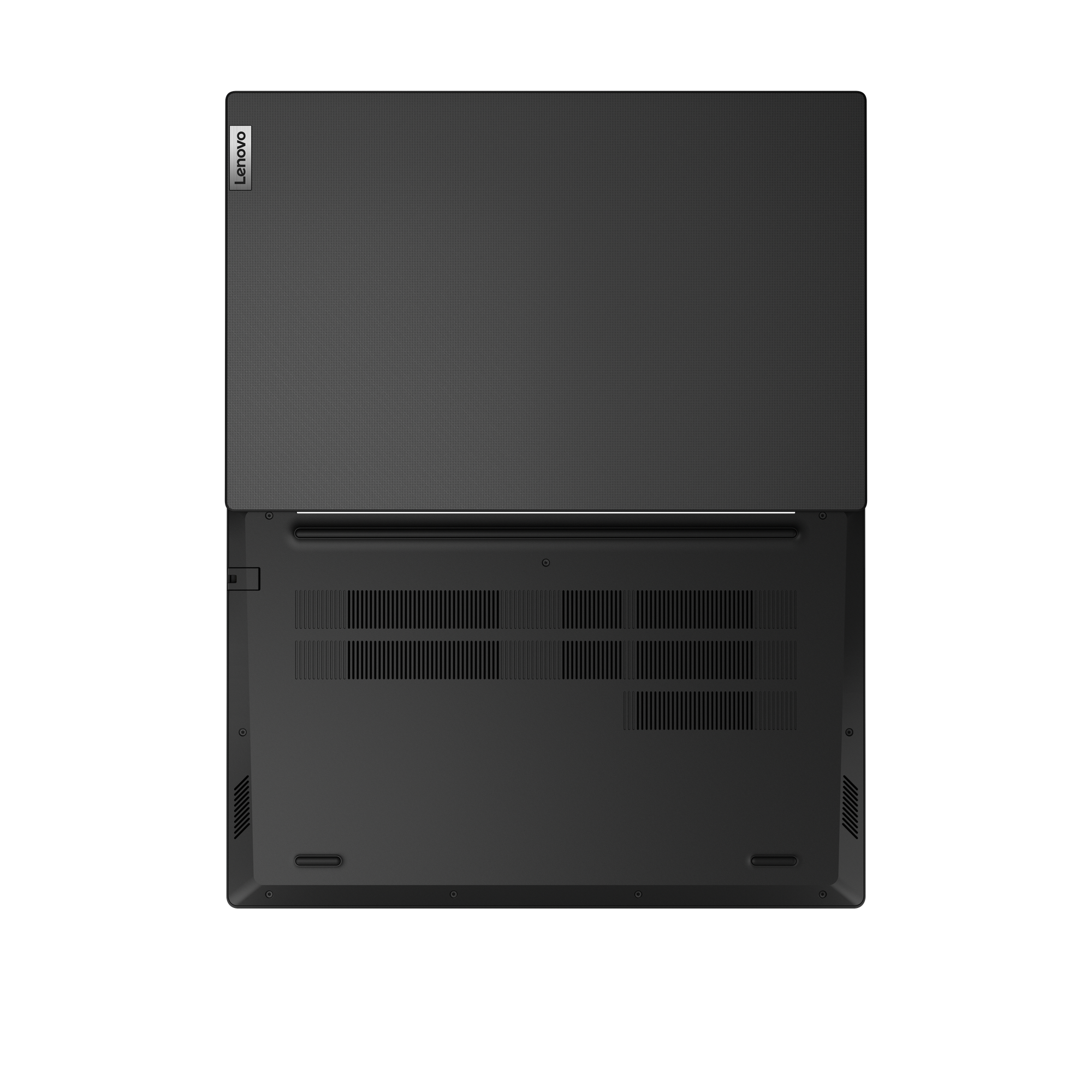 Unterseite eines geschlossenen schwarzen Lenovo-Laptops mit Lüftungsschlitzen und den Füßen.