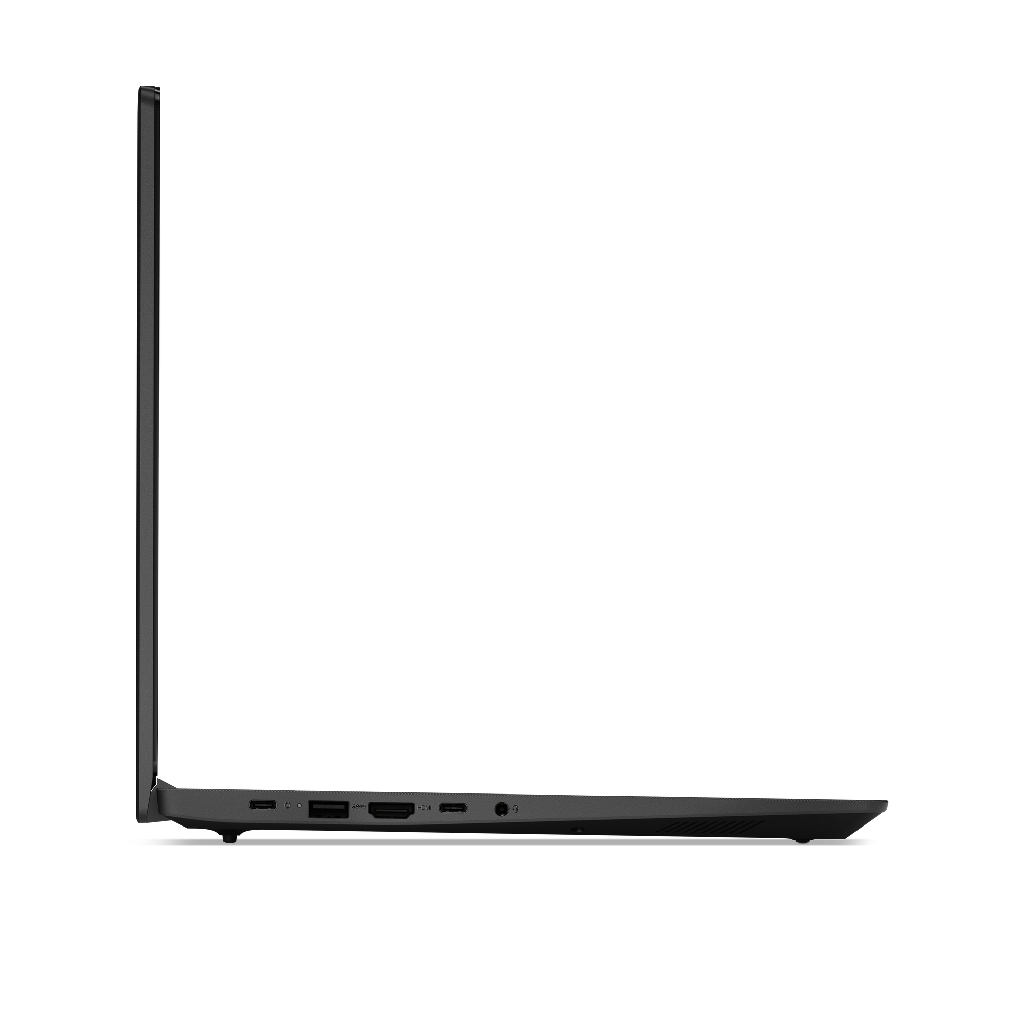 Linke Seite eines geschlossenen dunklen Laptops mit sichtbaren Anschlüssen auf schwarzem Hintergrund.