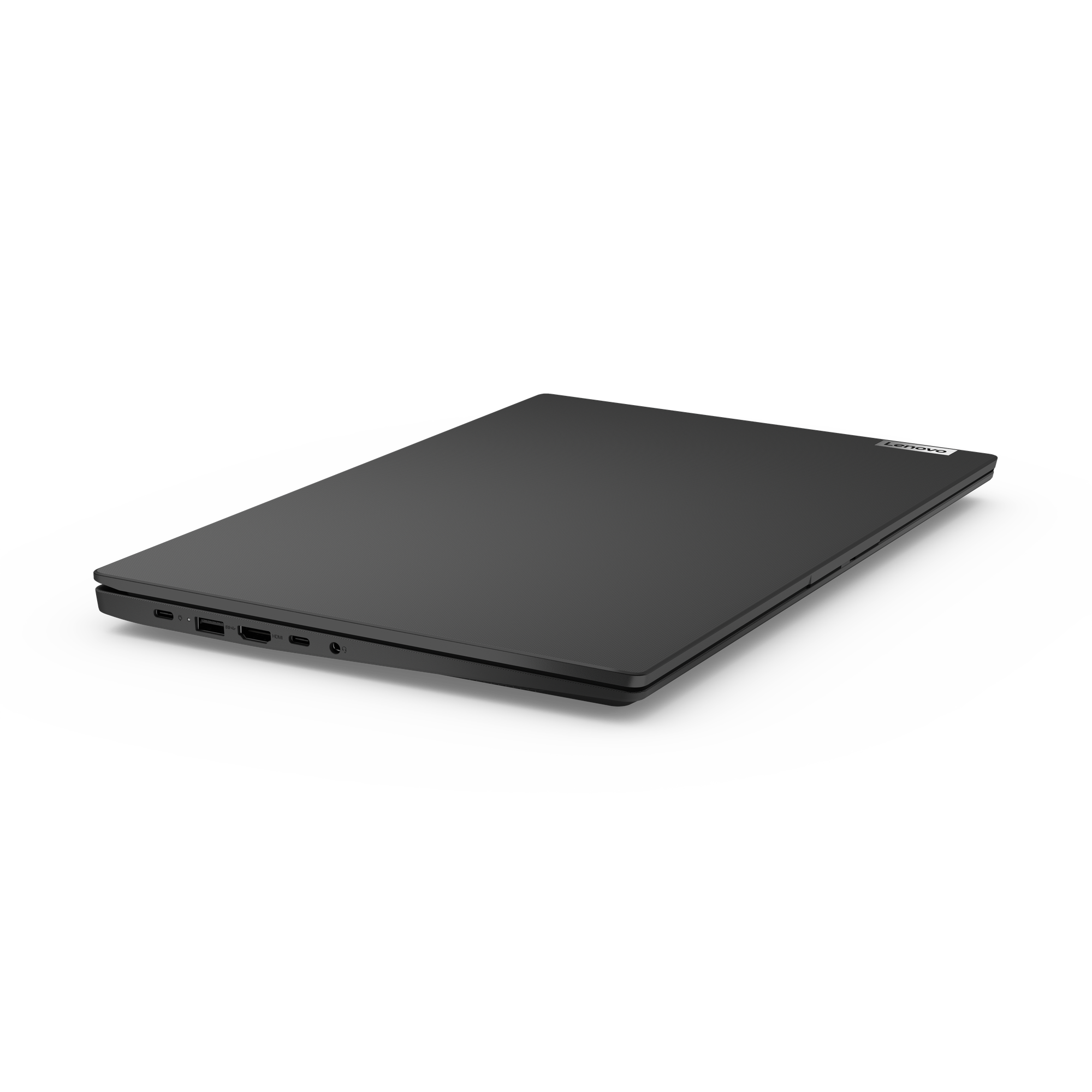 Ein geschlossener grauer Lenovo-Laptop auf schwarzem Hintergrund mit sichtbaren Anschlüssen an der Seite.