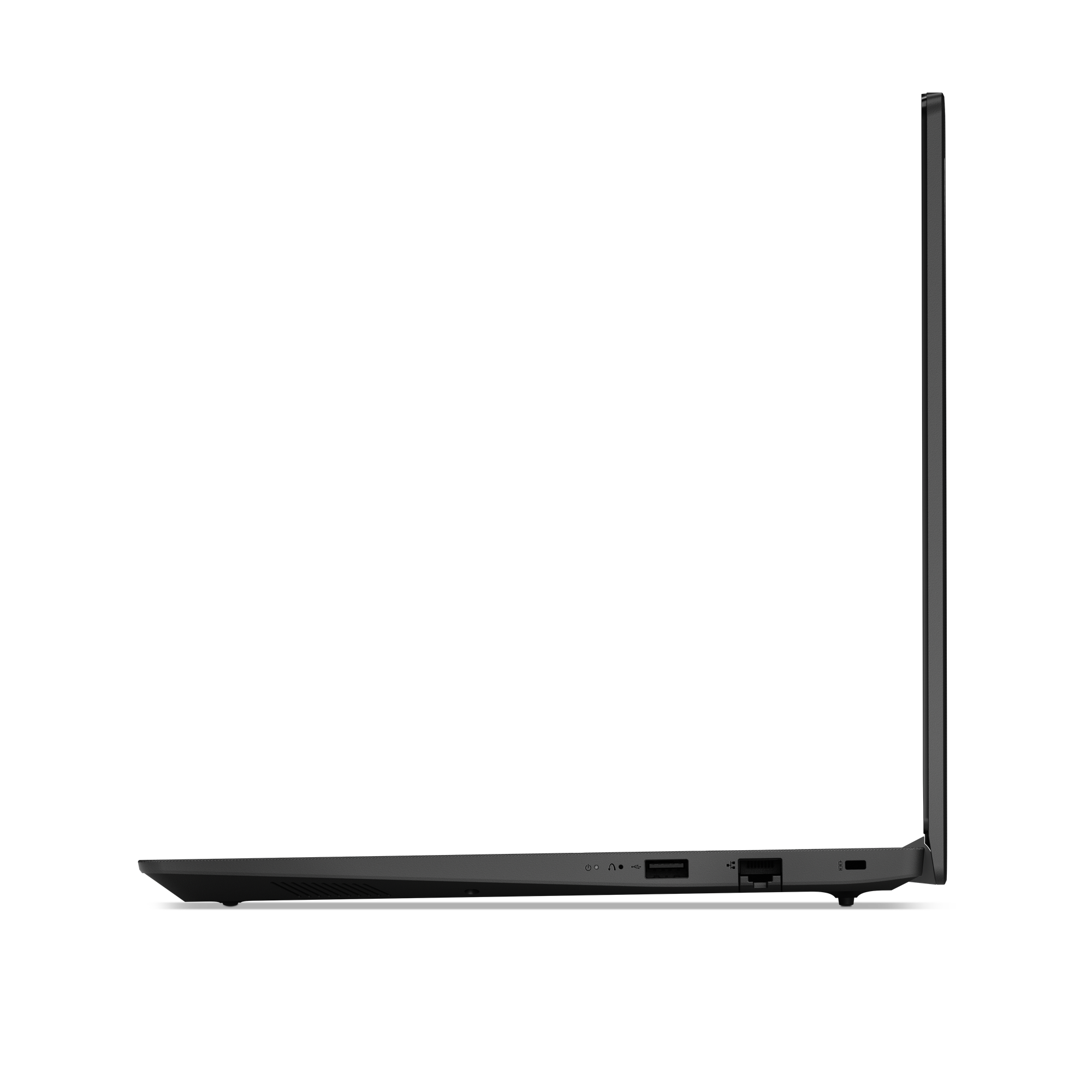 Seitenansicht eines schwarzen Laptops mit sichtbaren Anschlüssen.