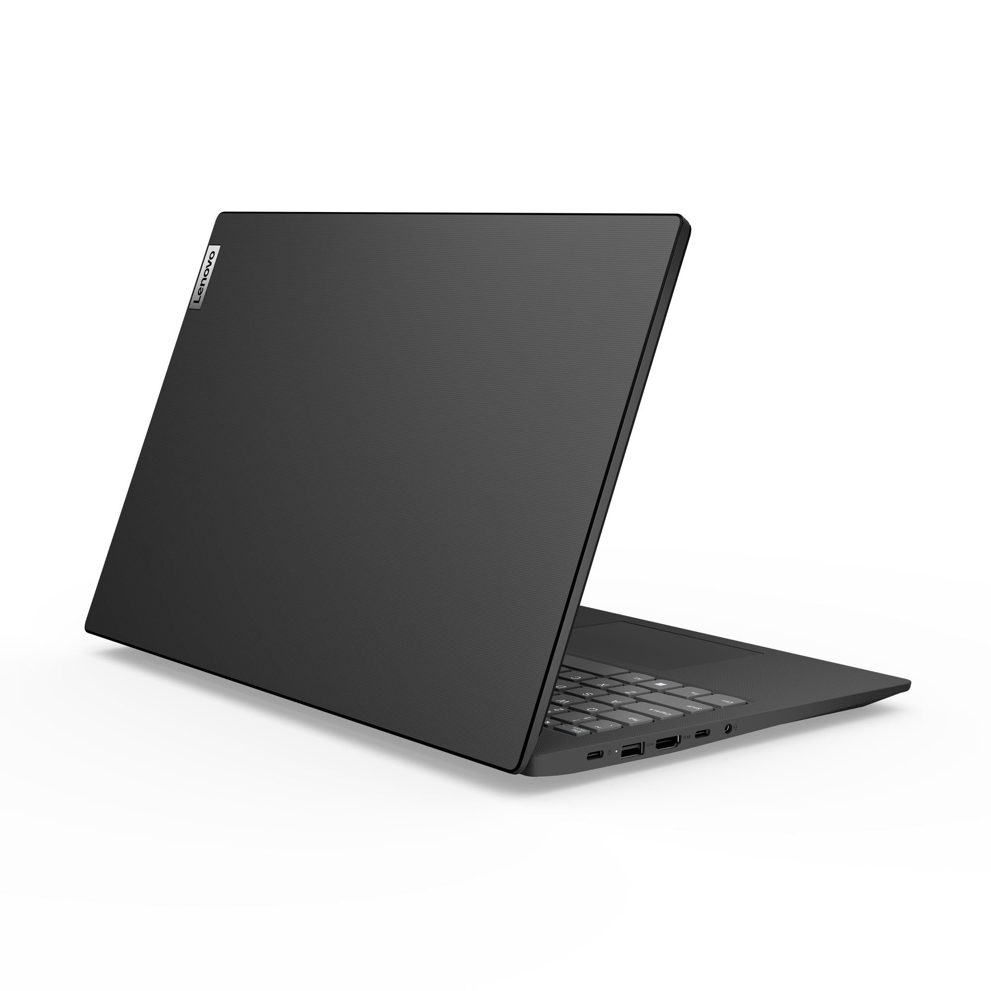 Ein schwarzer Lenovo-Laptop mit strukturierter Abdeckung, offen auf schwarzem Hintergrund.