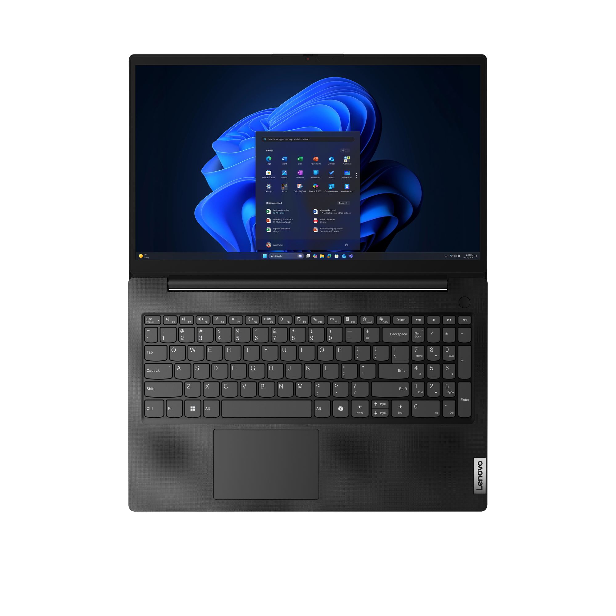 Ein offener Lenovo-Laptop auf schwarzem Hintergrund zeigt den Windows 11-Desktop.