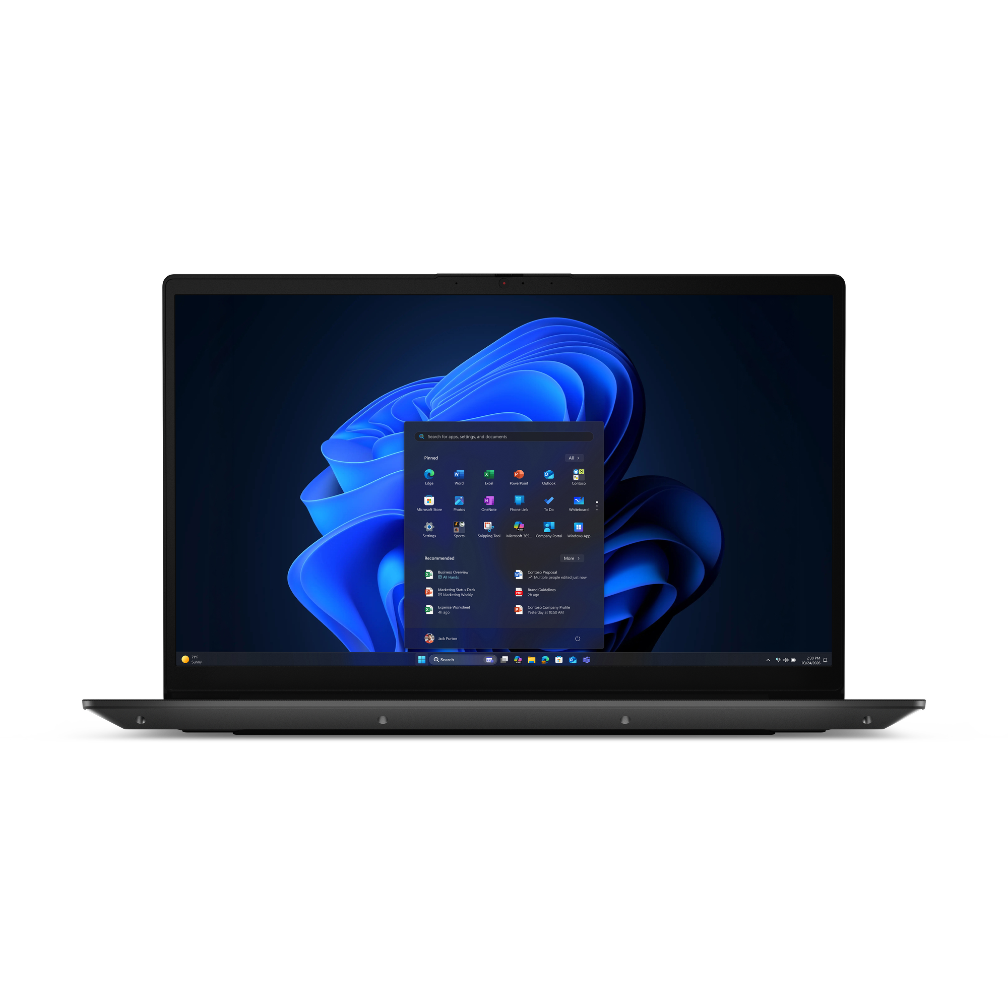 Ein schwarzer Laptop zeigt den Windows 11 Startbildschirm mit blauem Hintergrund und geöffnetem Startmenü.