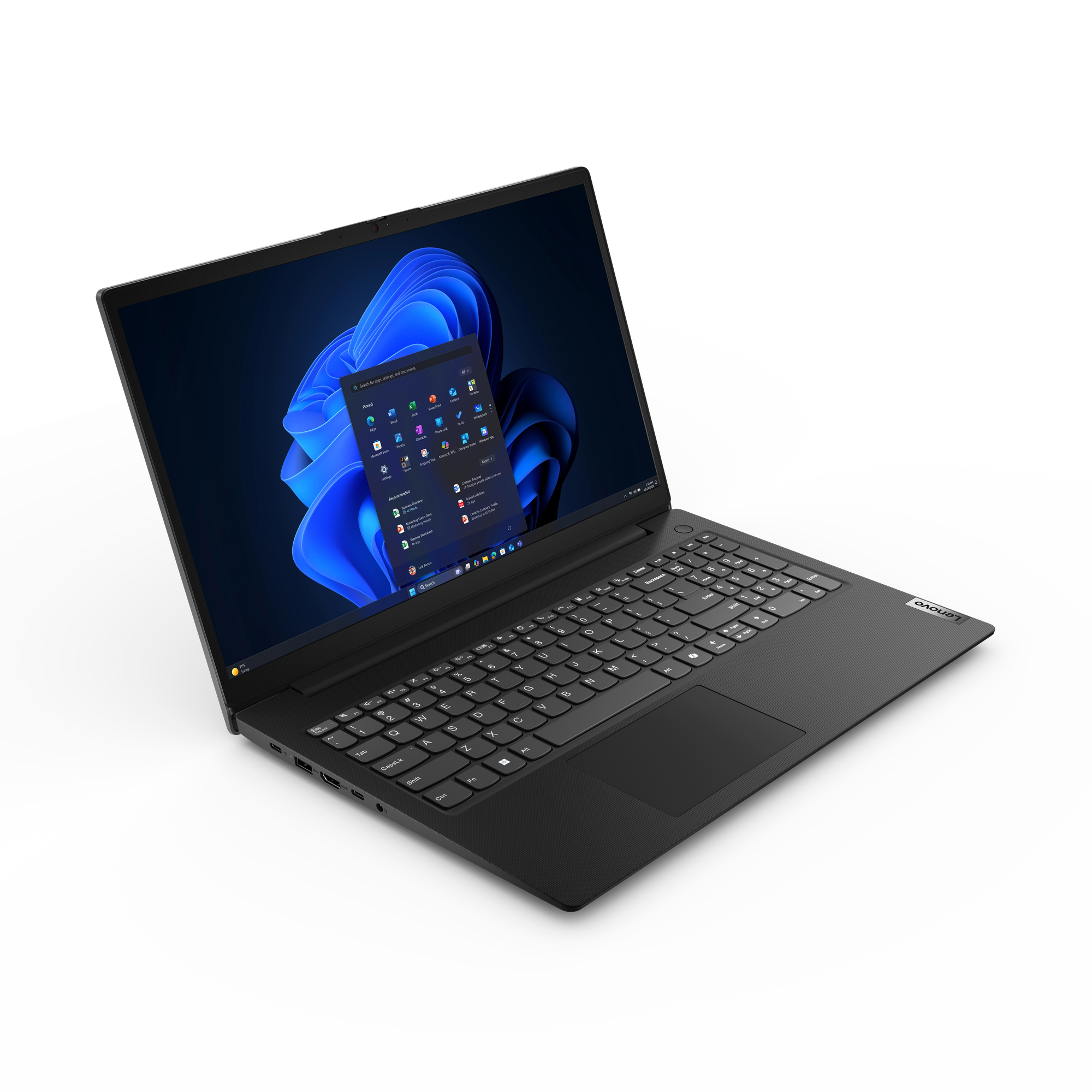 Ein schwarzer Lenovo-Laptop mit eingeschaltetem Bildschirm vor einem schwarzen Hintergrund.