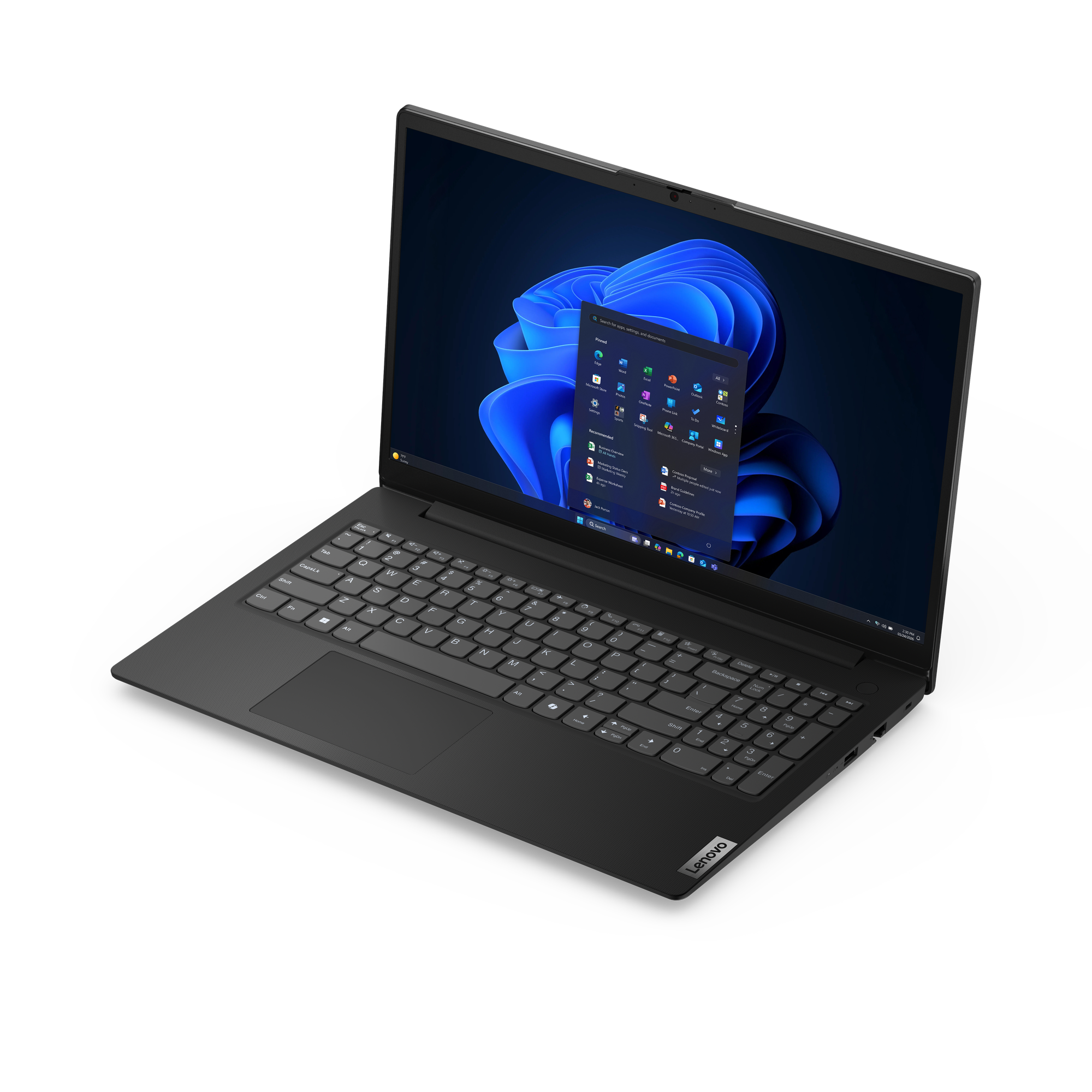 Ein schwarzer Lenovo-Laptop mit Windows-11-Startmenü auf dem blauen Hintergrundbild vor schwarzem Hintergrund.